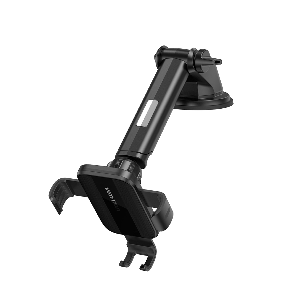 Ein schwarzer Handyhalter mit Saugnapf und verstellbarem Arm auf weißem Hintergrund.
