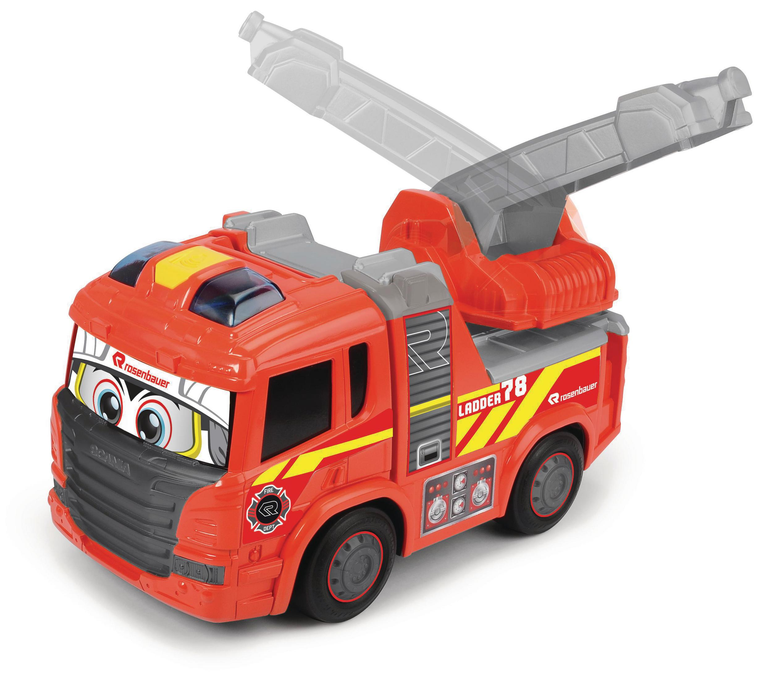 Ein rotes Spielzeug-Feuerwehrauto mit ausfahrbarer Leiter und comicartigen Augen.