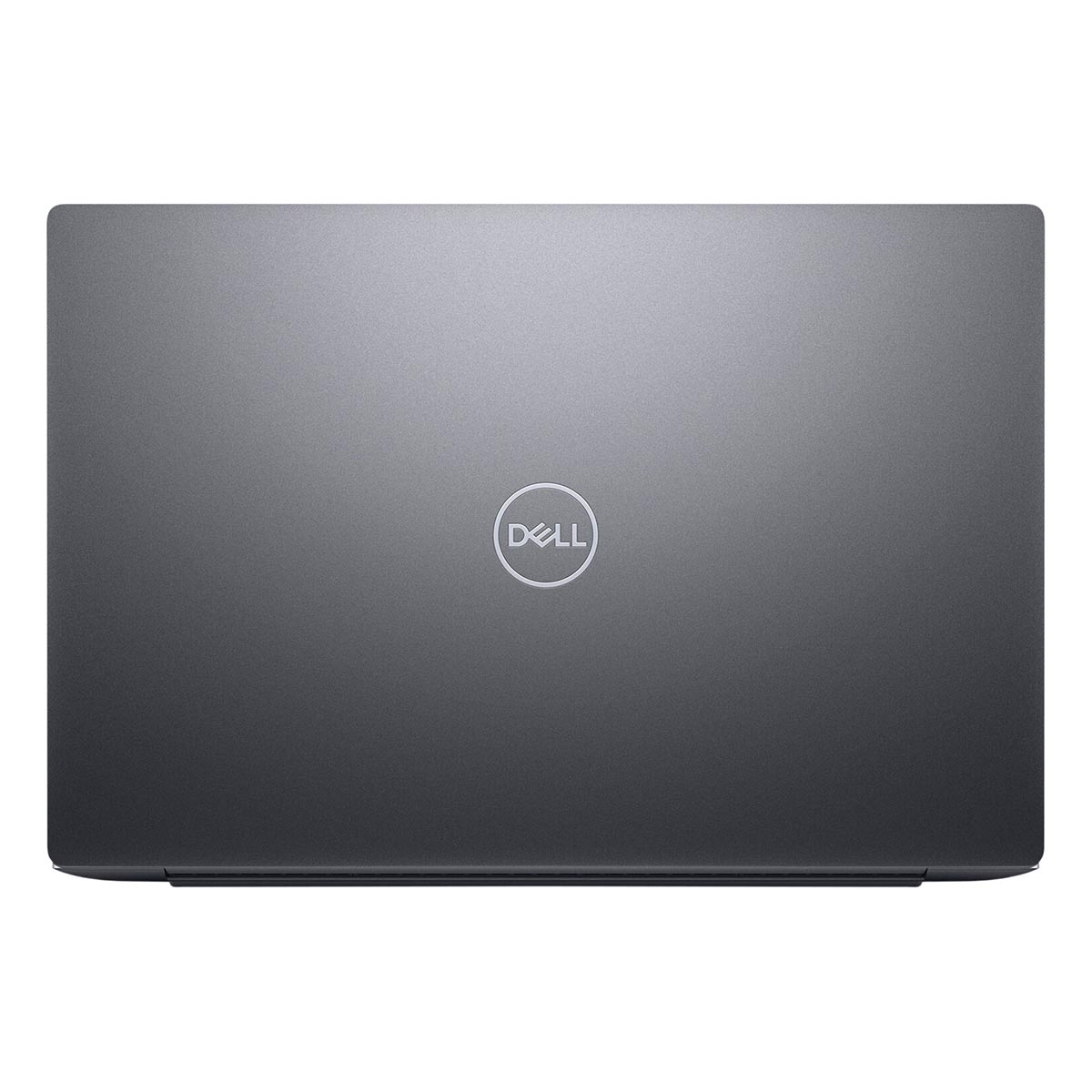 Zamknięty szary laptop Dell z srebrnym logo na pokrywie.