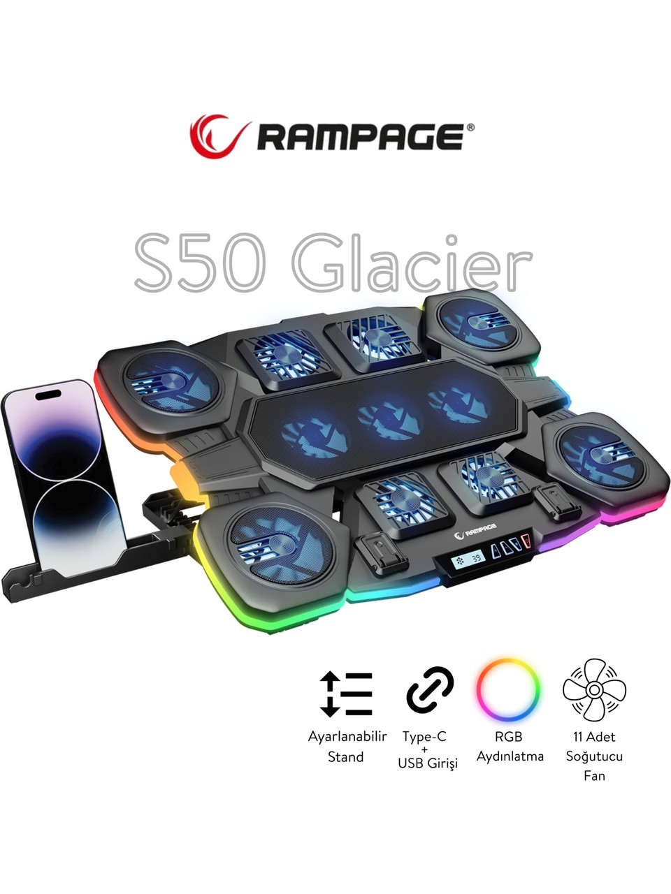 RGB aydınlatmalı ve fanlı Rampage S50 Glacier dizüstü bilgisayar standı.