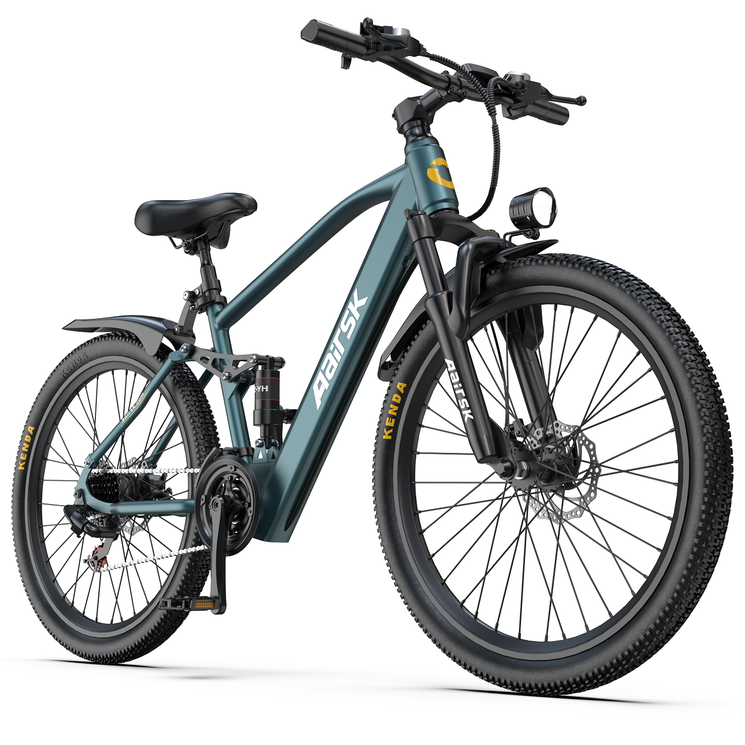 Ein türkisfarbenes Mountainbike mit Vollfederung, Scheibenbremsen und einem Scheinwerfer.