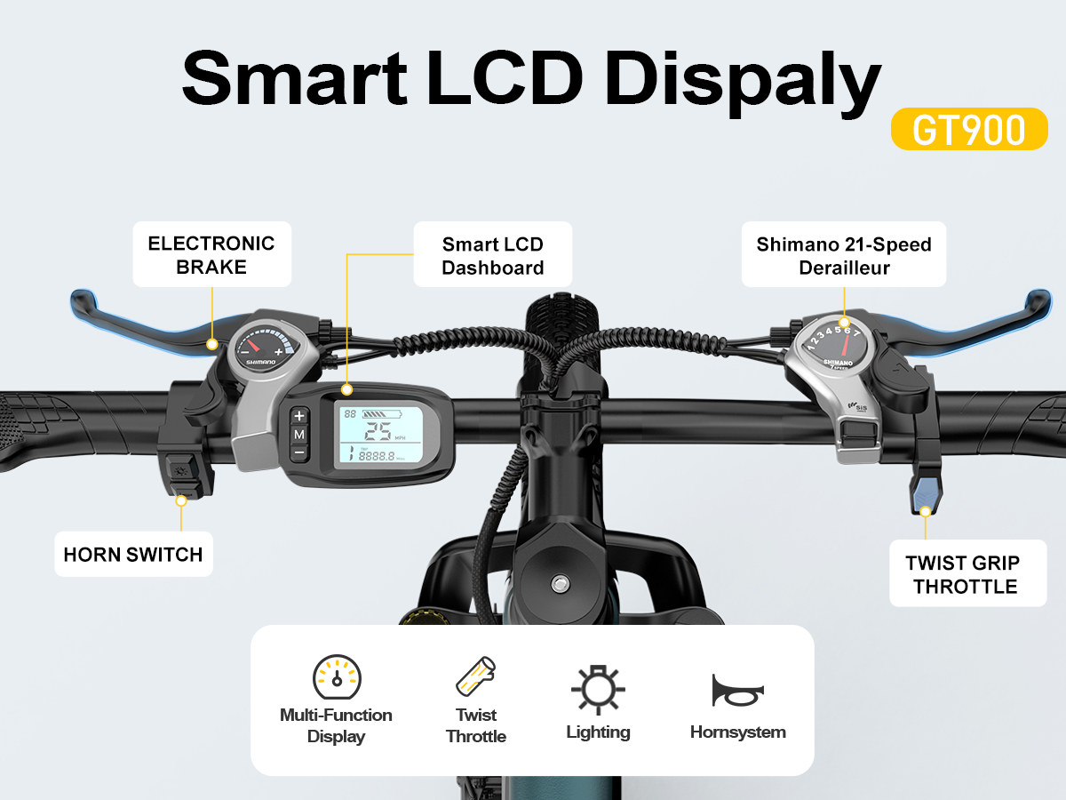 Elektrofahrradlenker mit Smart-LCD, Bremse, Schalthebel, Gasgriff und Hupenknopf.