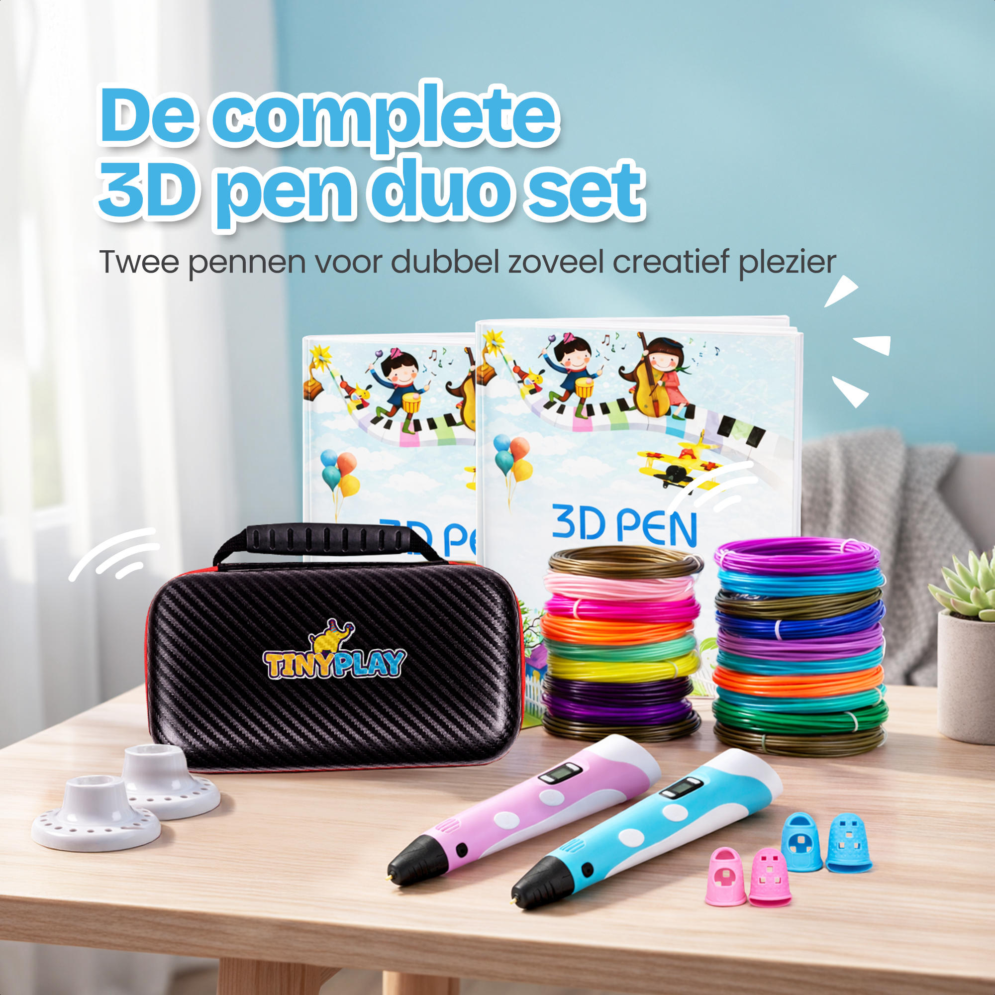 Een 3D-pen set met twee pennen, filamentrollen en een opbergkoffer.