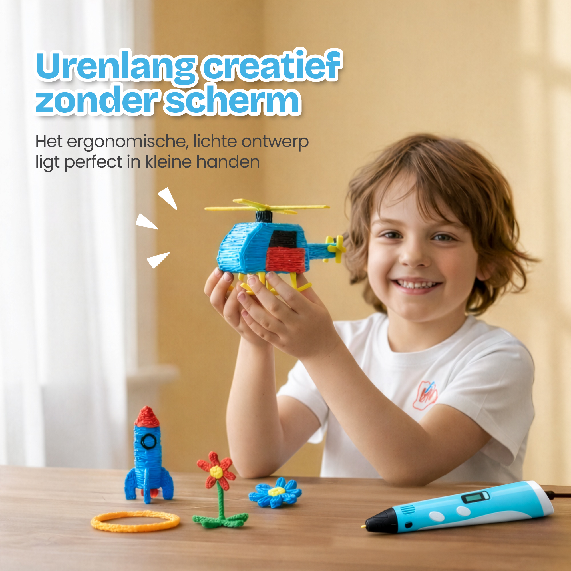 Een jongen houdt een blauwe 3D-pen kunst helikopter vast. Een raket en bloem object zijn nabij.