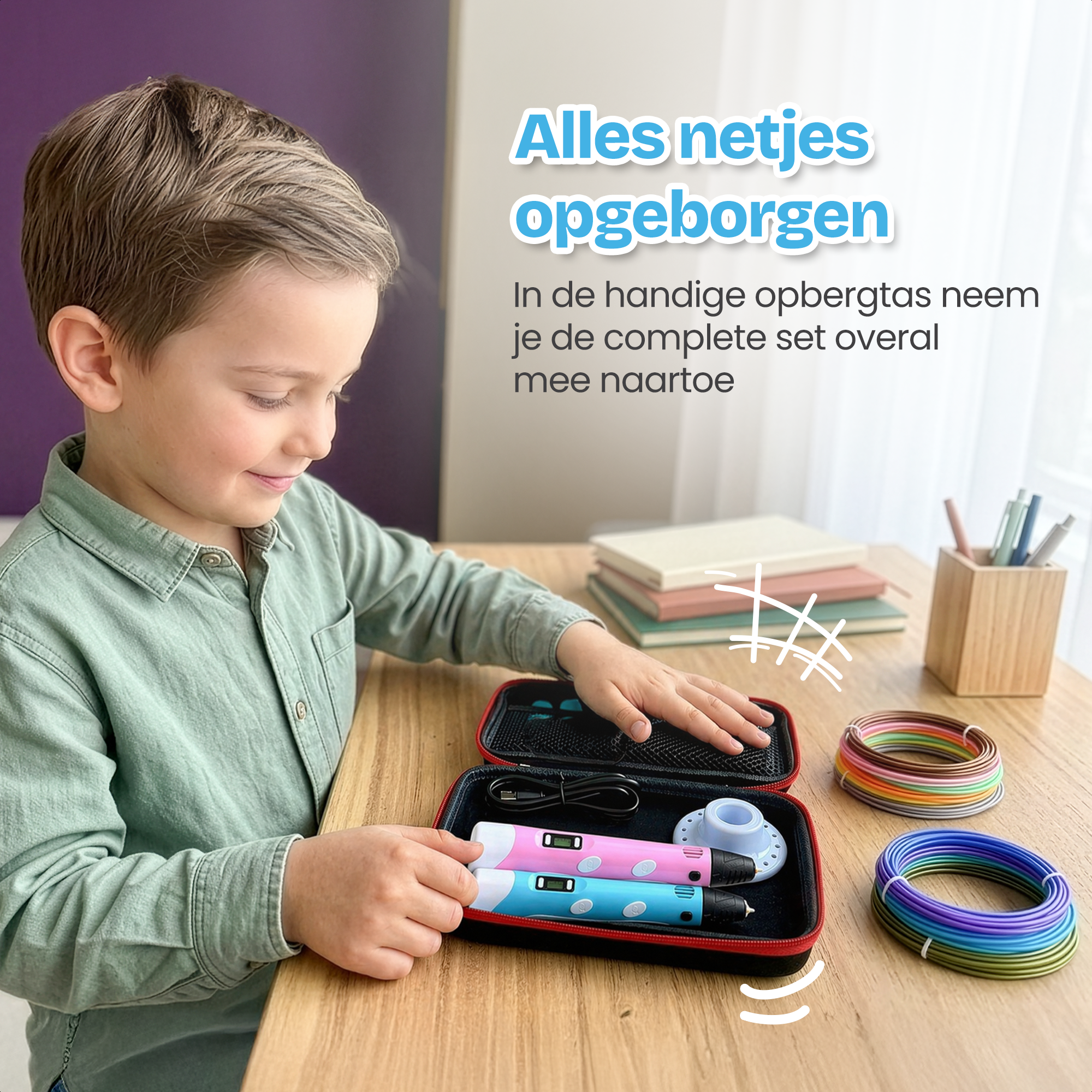 Een jongen kijkt naar een open koffer met 3D-pennen en filamentrollen.