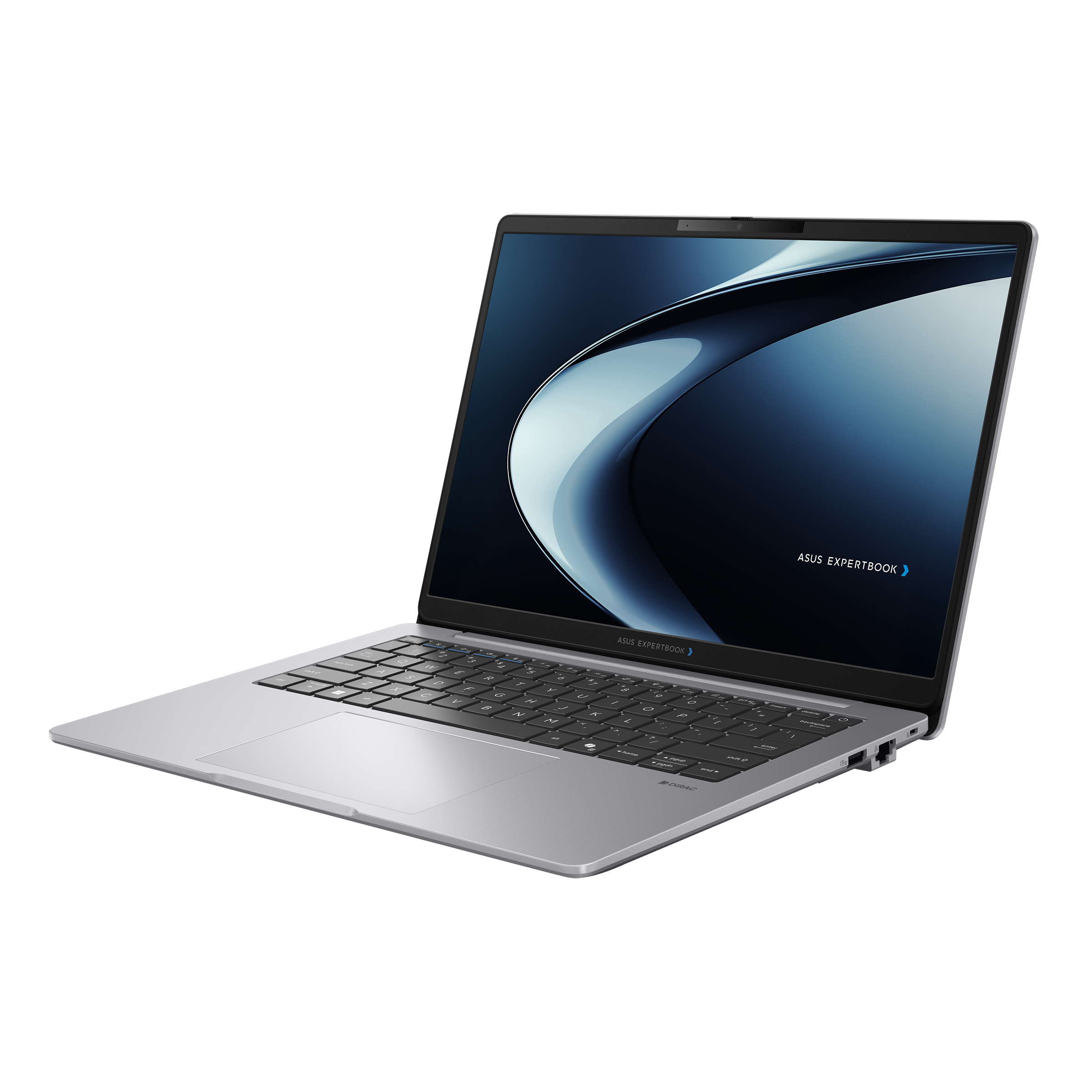 Un laptop argento con lo schermo aperto, su sfondo bianco.