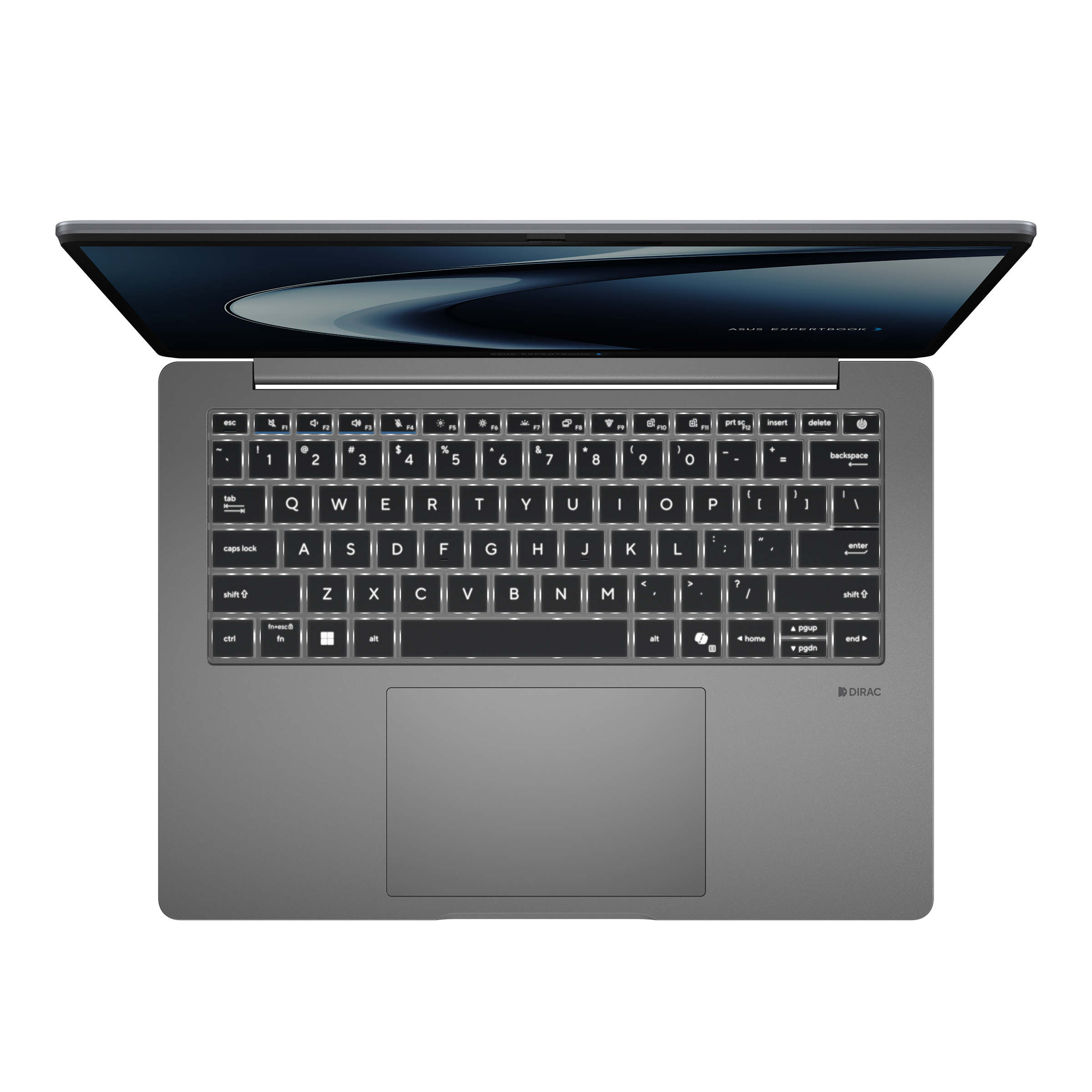 Un laptop grigio con tastiera e touchpad retroilluminati, aperto.