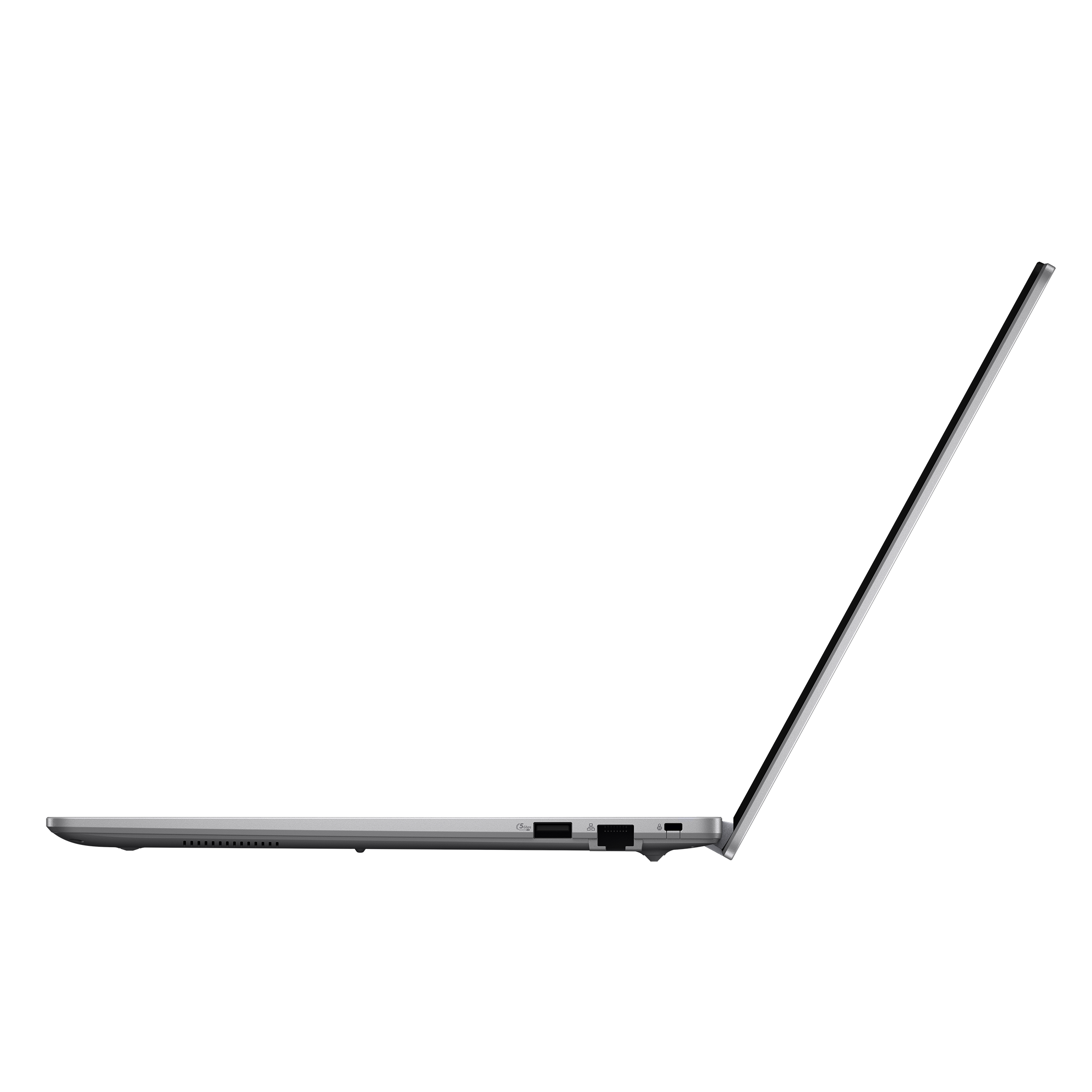 Laptop argentato di profilo, schermo e tastiera aperti.