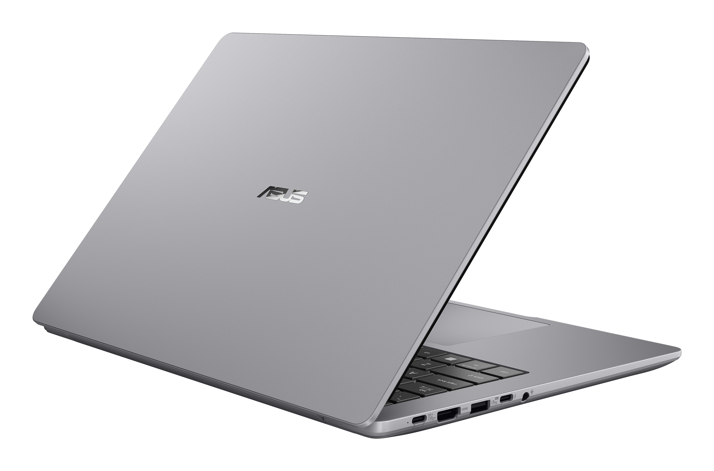 Un laptop Asus argentato con tastiera retroilluminata e porte.
