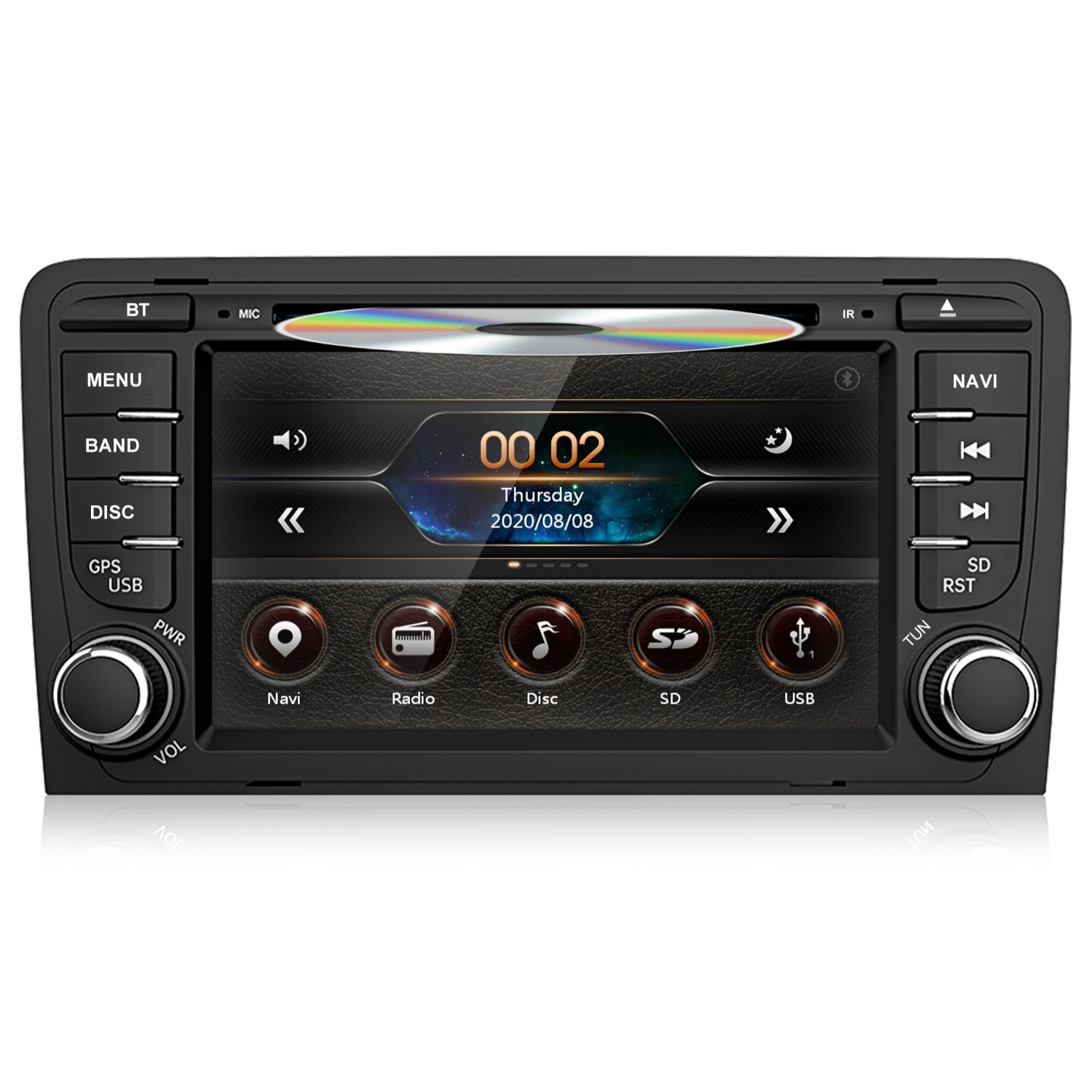 Autoradio mit CD-Schlitz, Touchscreen, Knöpfen und Reglern. Eine CD ist eingelegt.