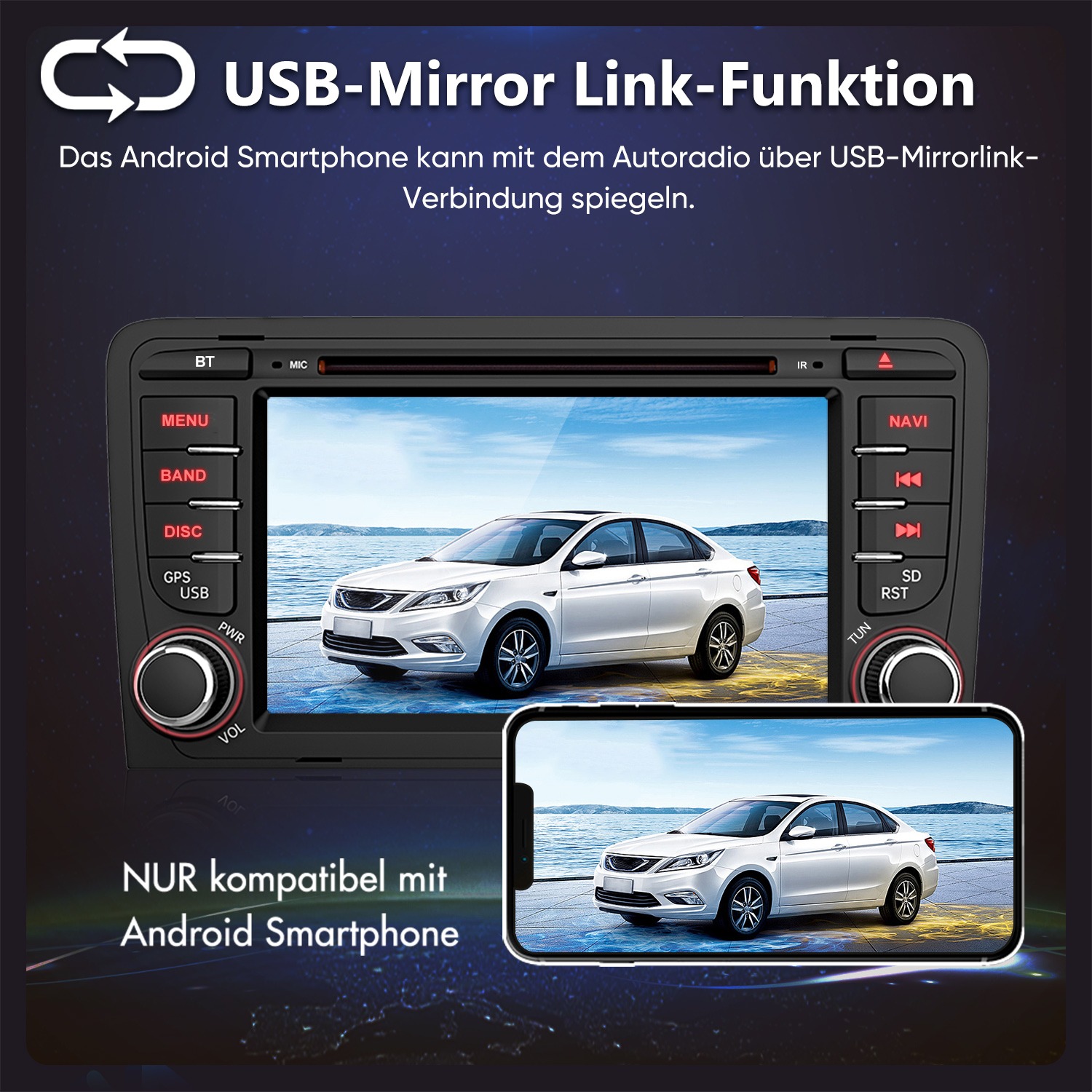 Ein Autoradio zeigt einen weißen PKW. Darunter ein Smartphone mit demselben PKW.