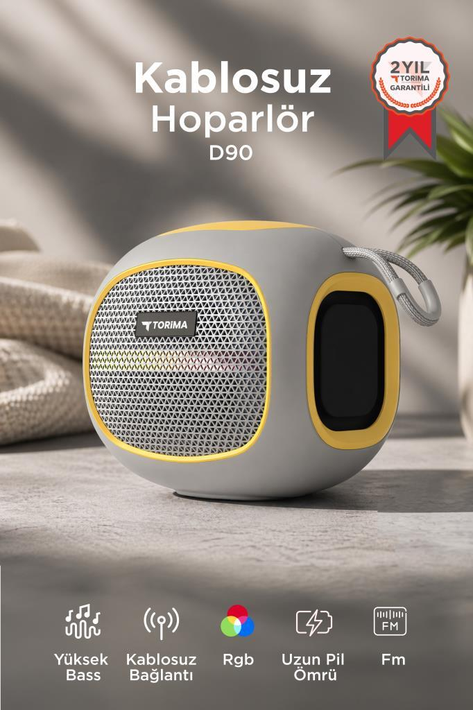 Gri ve sarı kablosuz hoparlör D90, ızgara ön ve taşıma askılı.