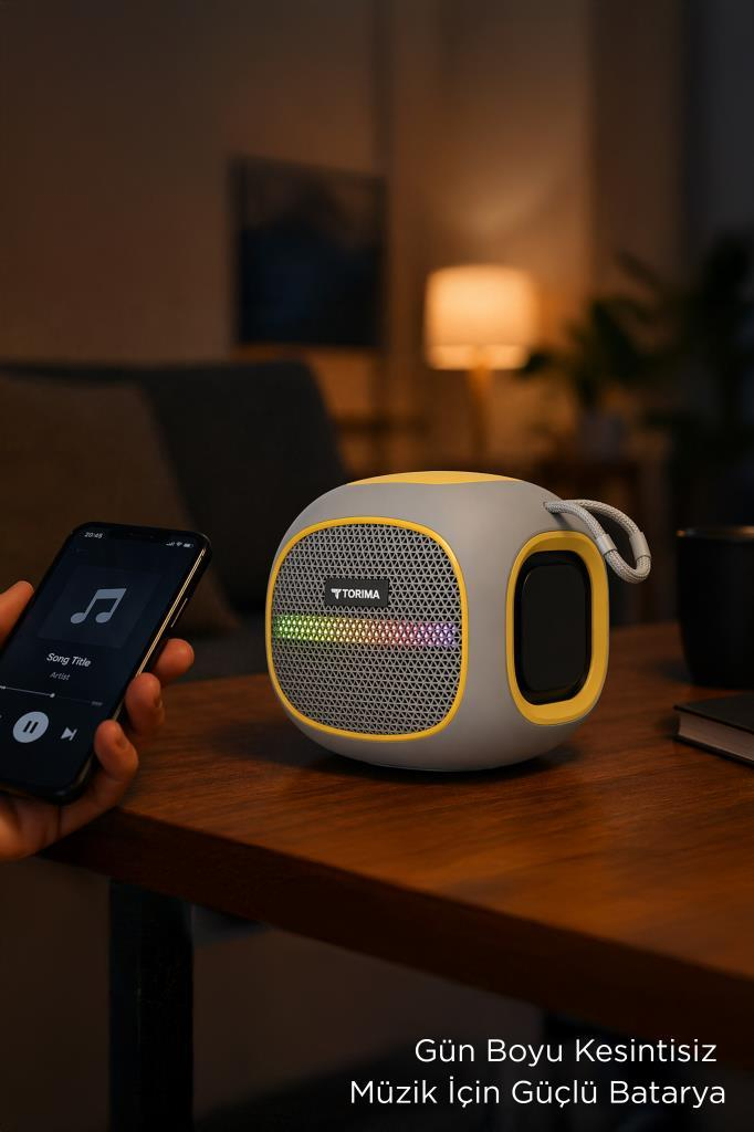 Sarı aksanlı gri Torima hoparlör, gökkuşağı renklerinde yanar. Telefon yakında.
