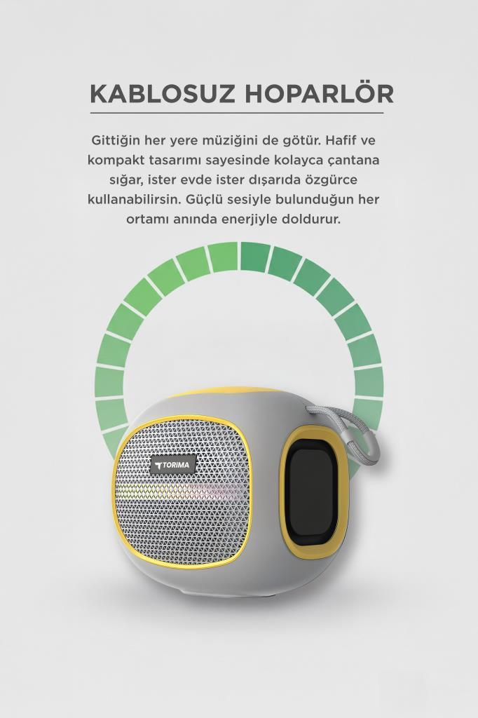 Torima logolu gri ve sarı Bluetooth hoparlör, yeşil çubuklarla çevrili.