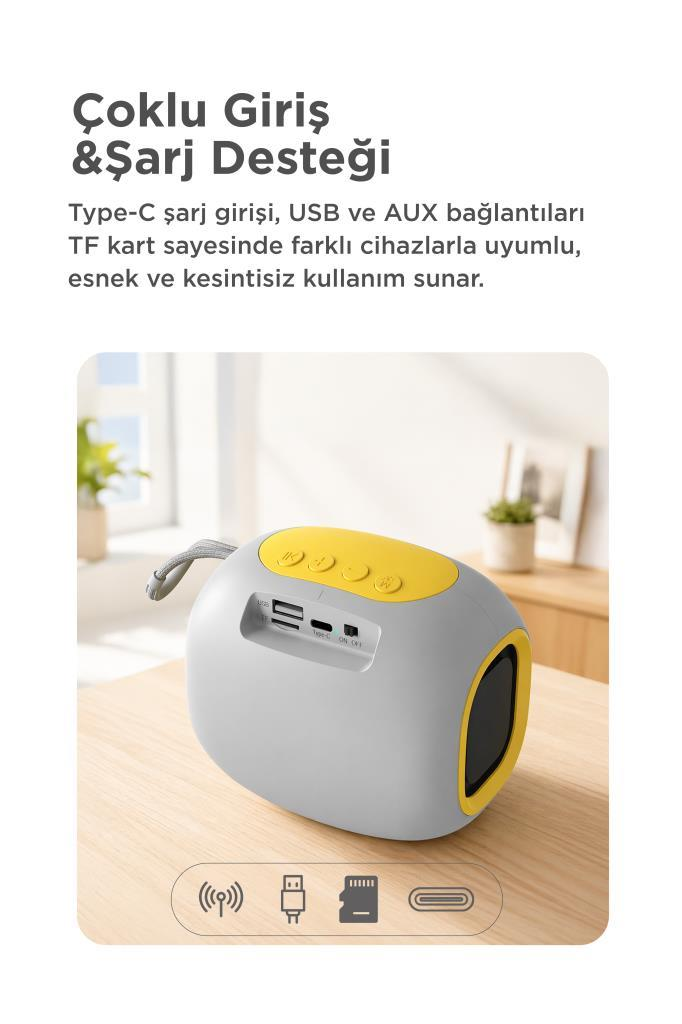 Şarj ve giriş seçenekleri için bağlantı noktaları ve simgeleri olan gri ve sarı hoparlör.