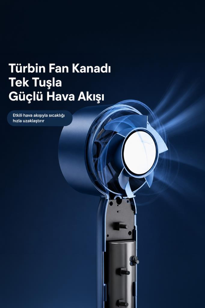 Mavi bir saç kurutma makinesi, türbinli ve görünen iç parçalarıyla hava üflüyor.