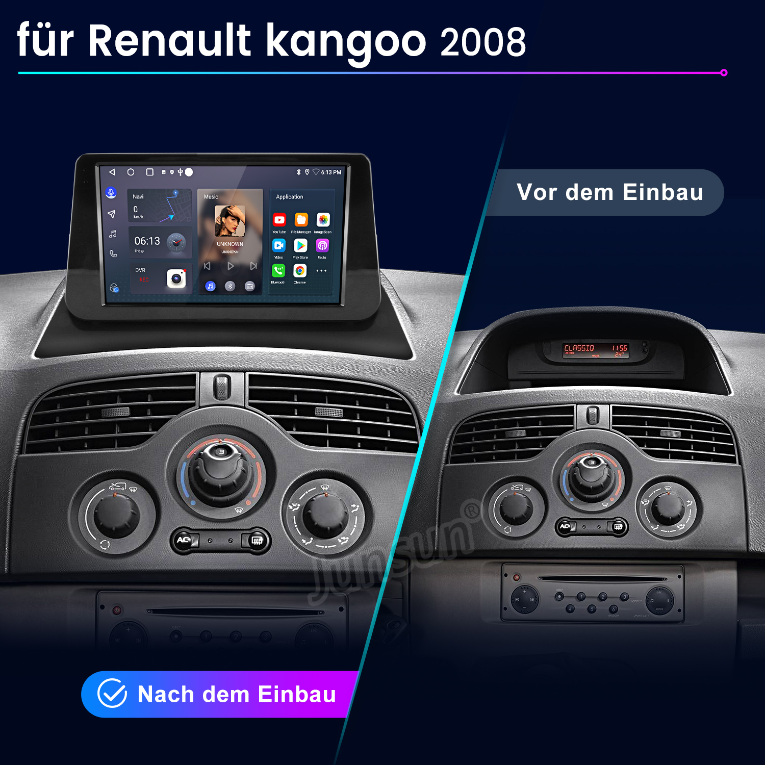 Vergleich eines Autoradios vor und nach dem Einbau in einen Renault Kangoo 2008.