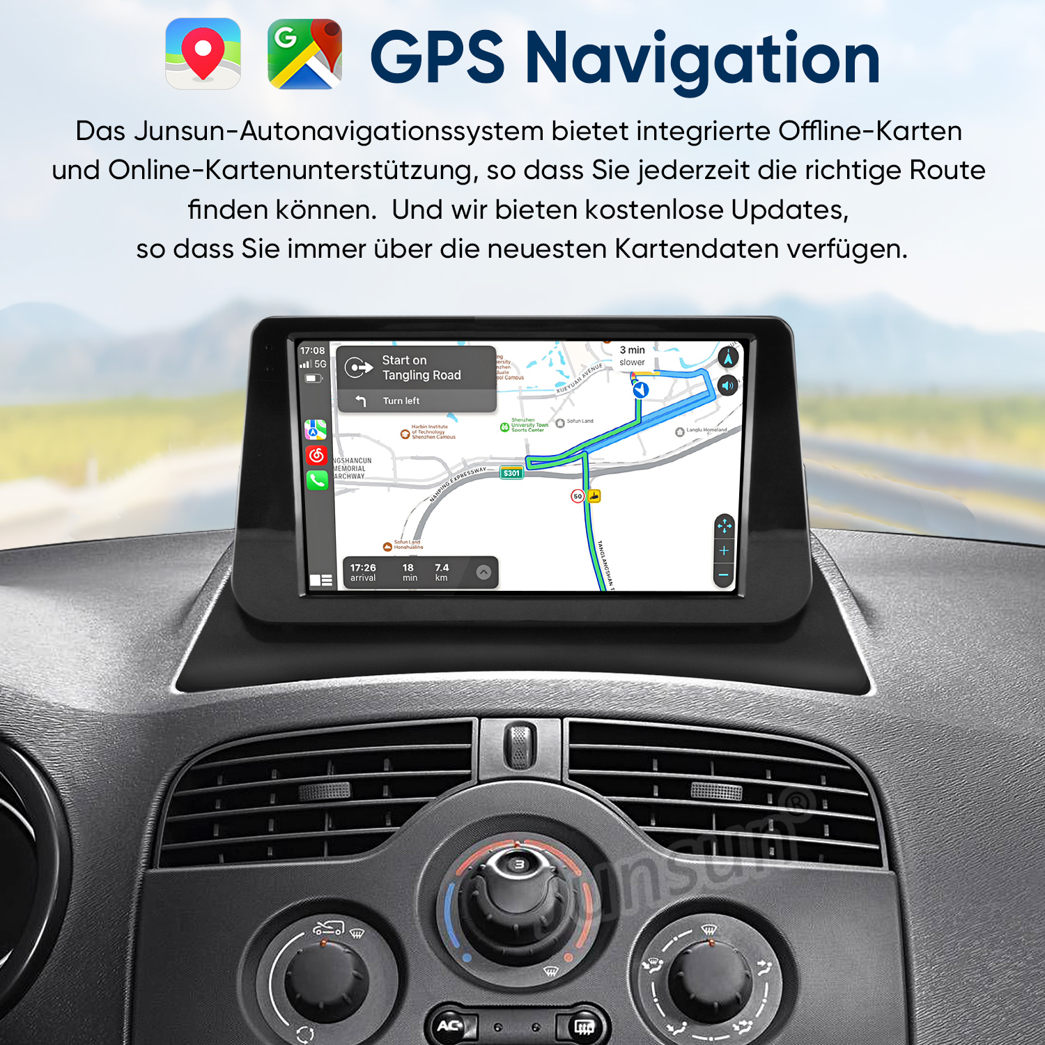 Ein Navigationsbildschirm im Auto zeigt eine Karte mit einer Route.