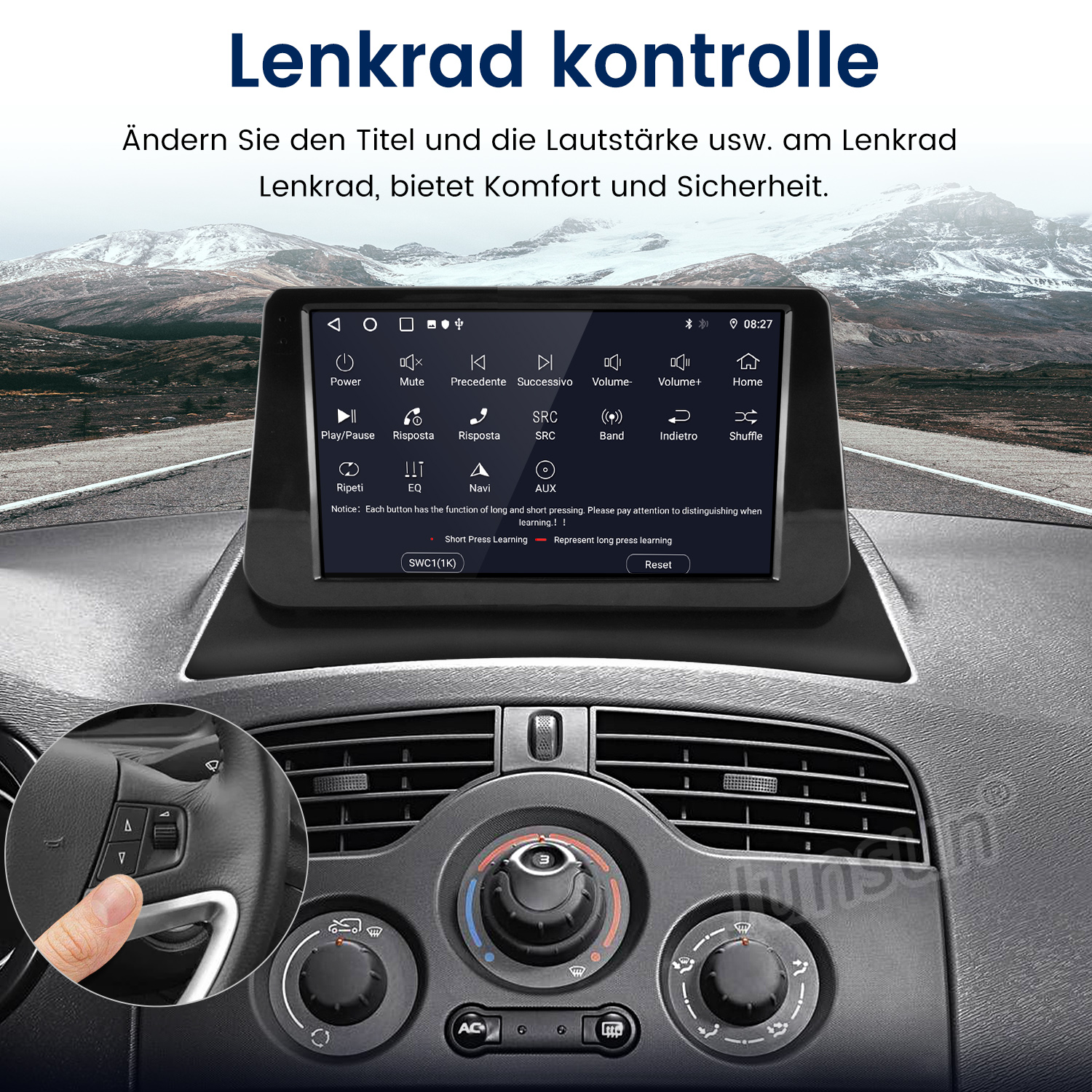 Autoinnenraum mit Navigationsbildschirm, der Lenkradsteuerung zeigt.