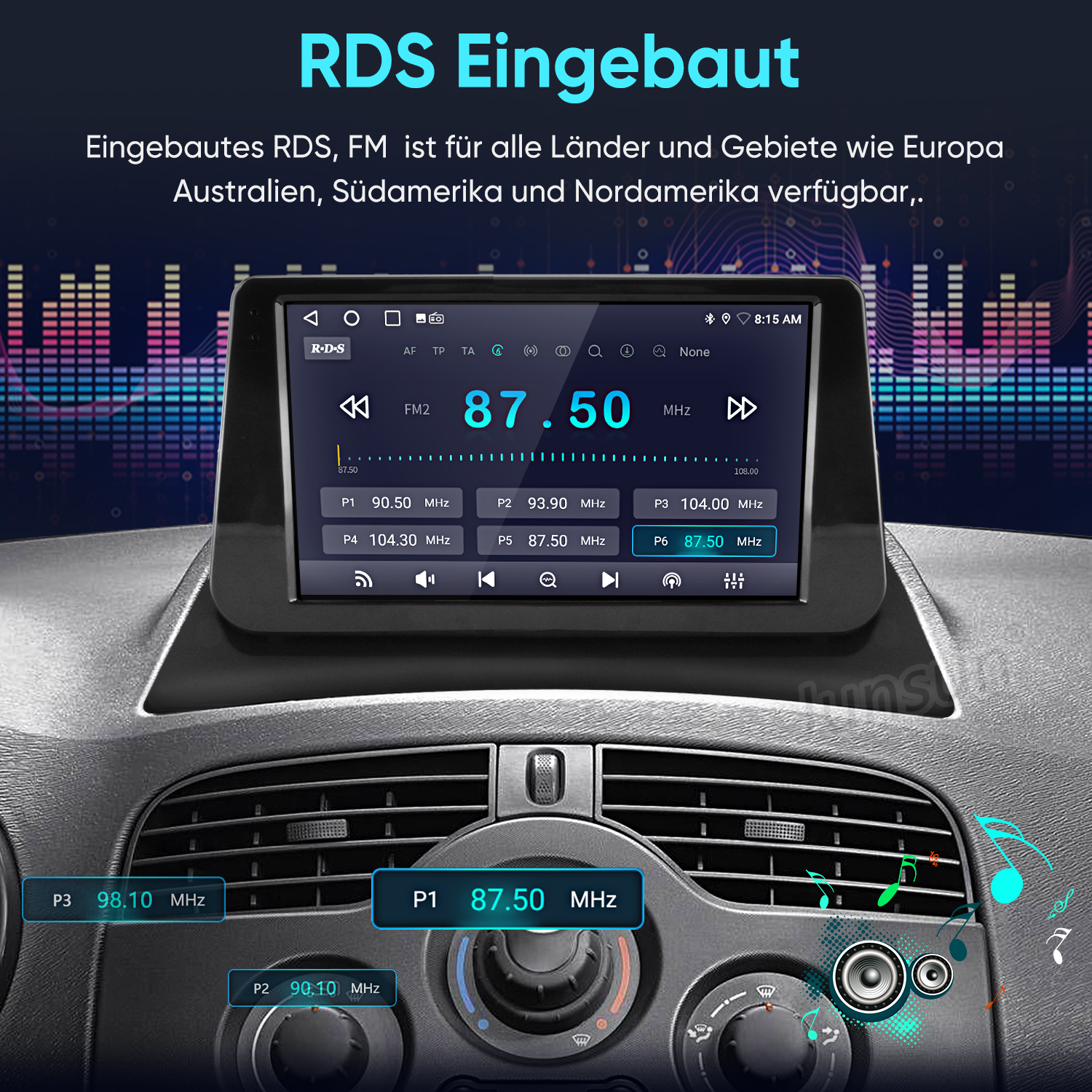 Einbau-RDS-FM-Radio im Auto mit Frequenzanzeige und speicherbaren Sendern.