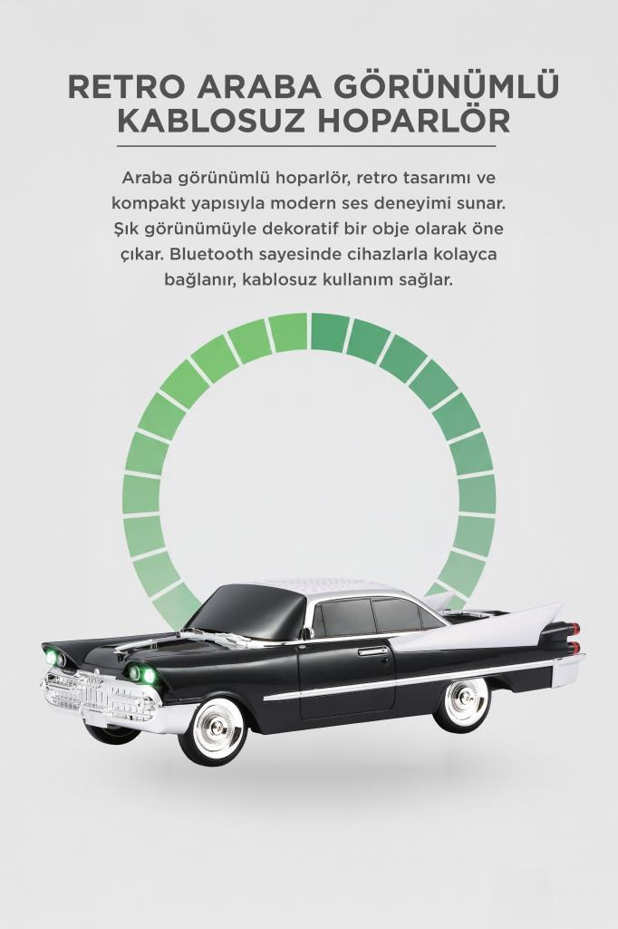 Üzerinde yeşil dairesel grafik bulunan siyah retro araba hoparlörü.