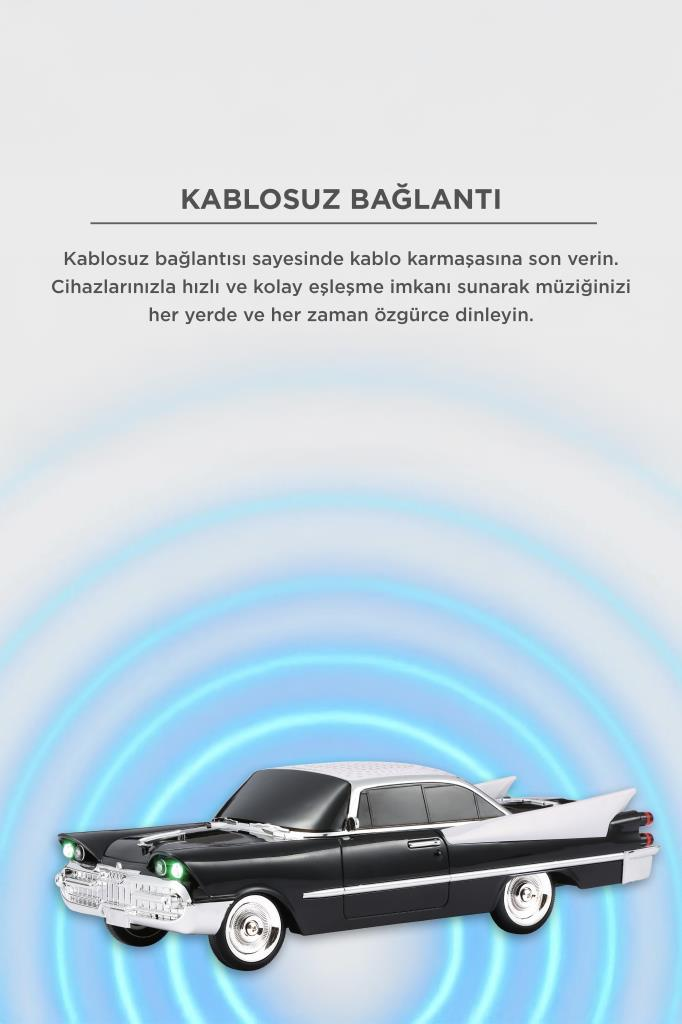 Gümüş tavanlı siyah klasik araba, mavi dalgalarla çevrili.
