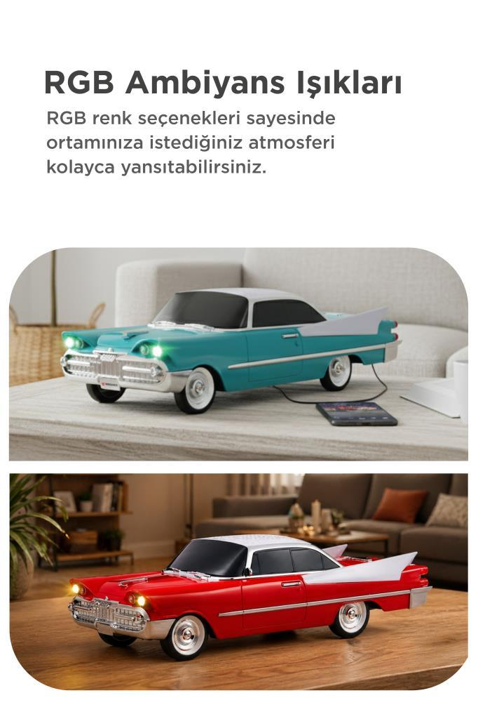 İki retro araba, biri mavi, diğeri kırmızı. İkisi de kaide üzerine yerleştirilmiş.