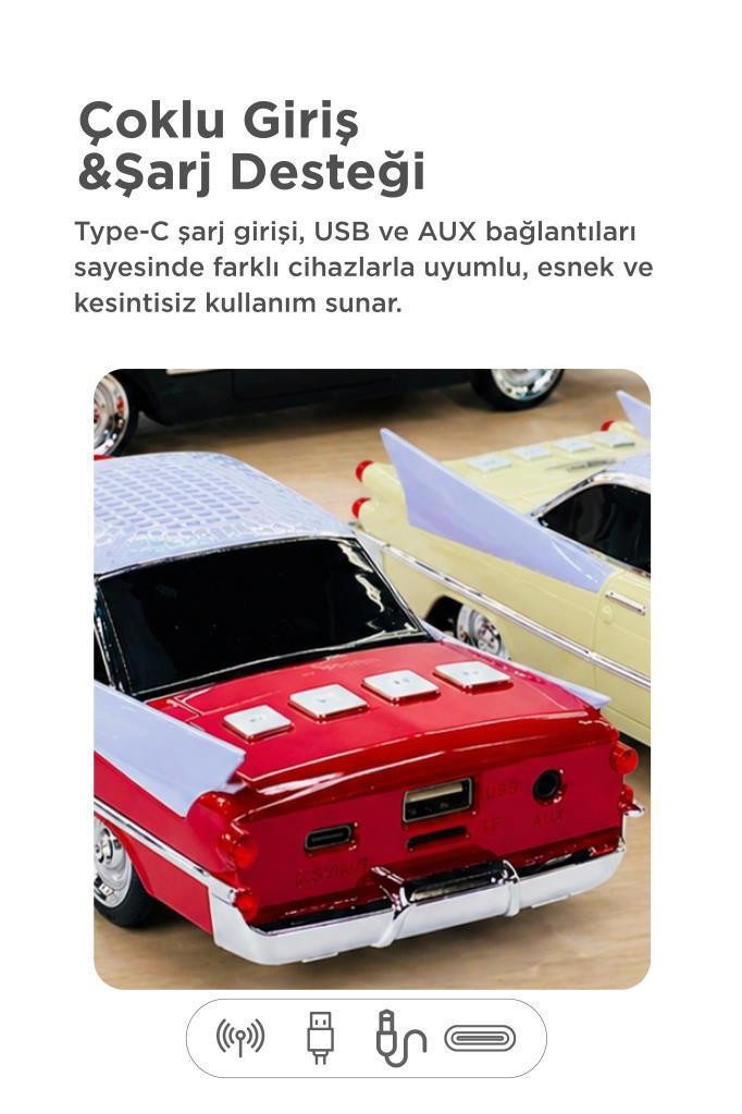 USB, TF ve AUX bağlantı noktalarına sahip kırmızı ve beyaz arabanın arkası.