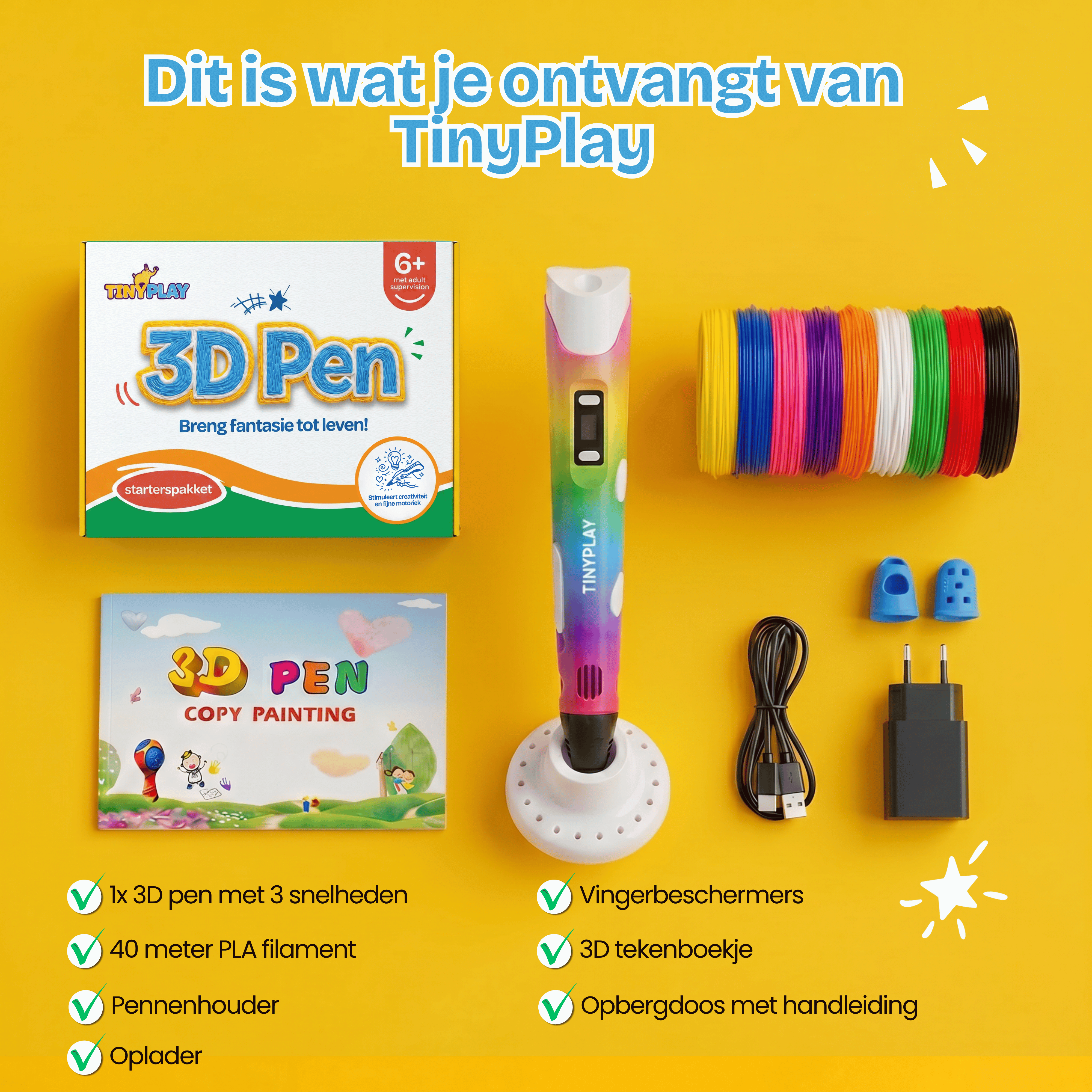 Set includes 3D pen, filament, charger, finger guards, and booklet.