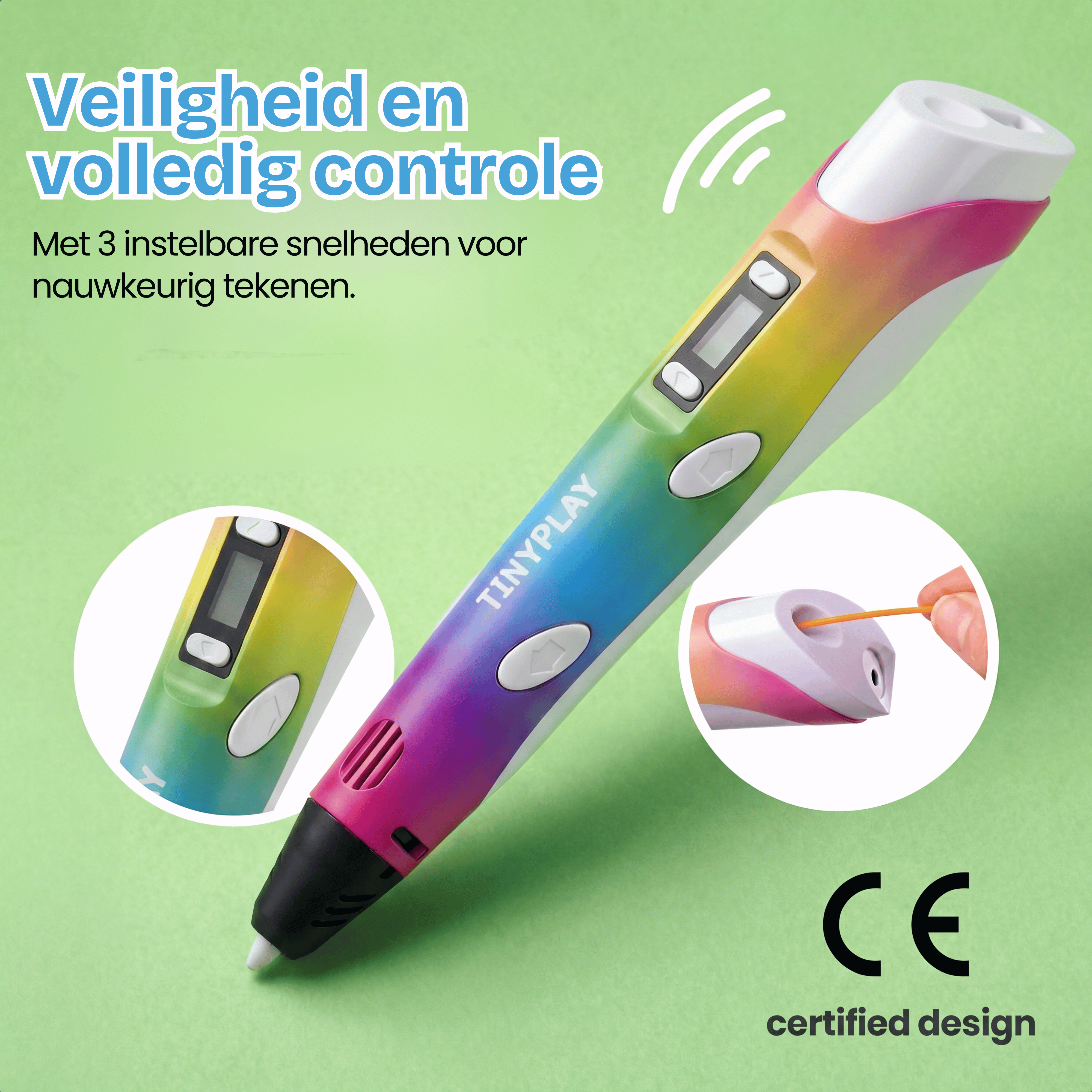 A colorful 3D pen with CE mark. Shows speed settings and a hand inserting filament.