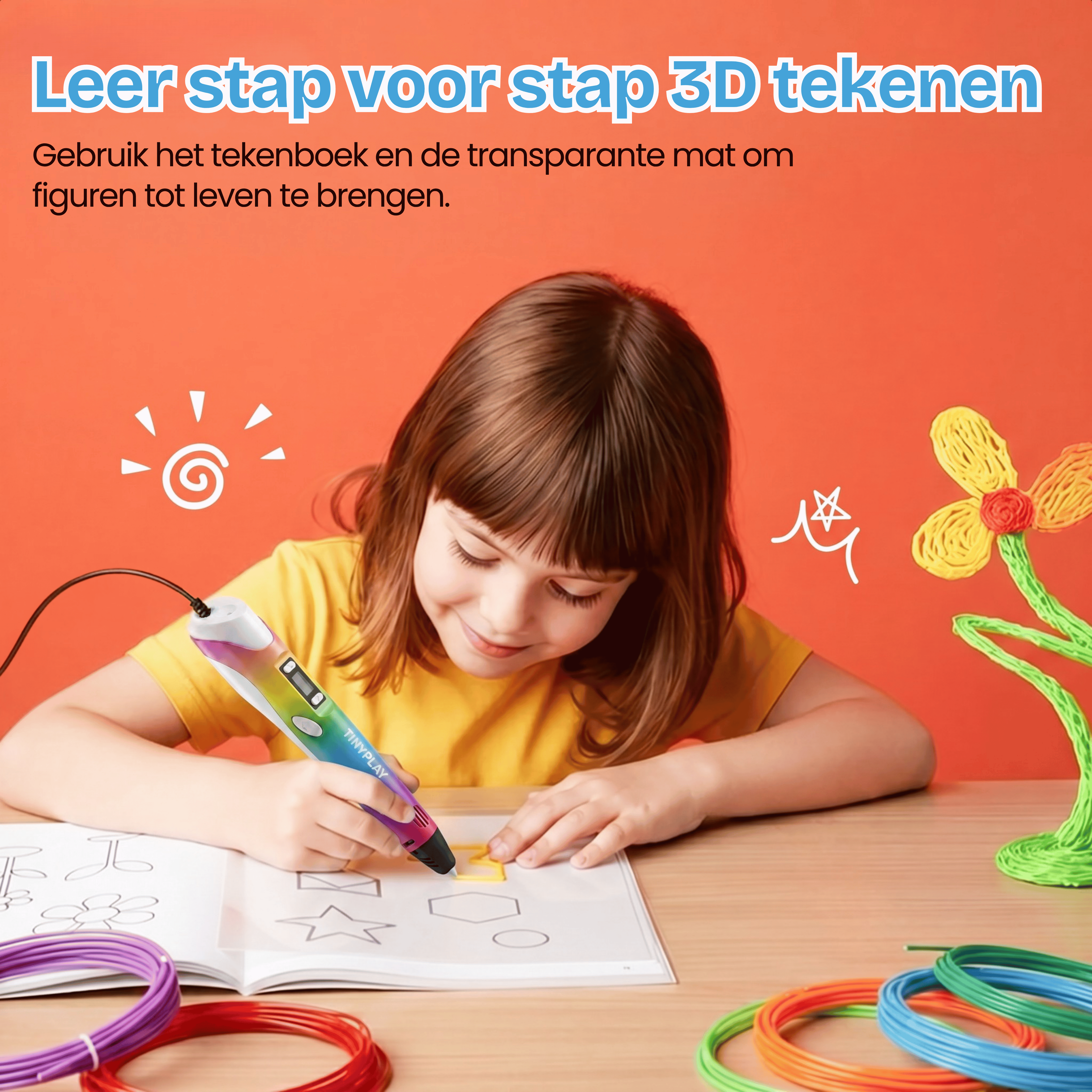 A girl uses a 3D pen to trace shapes from a book.