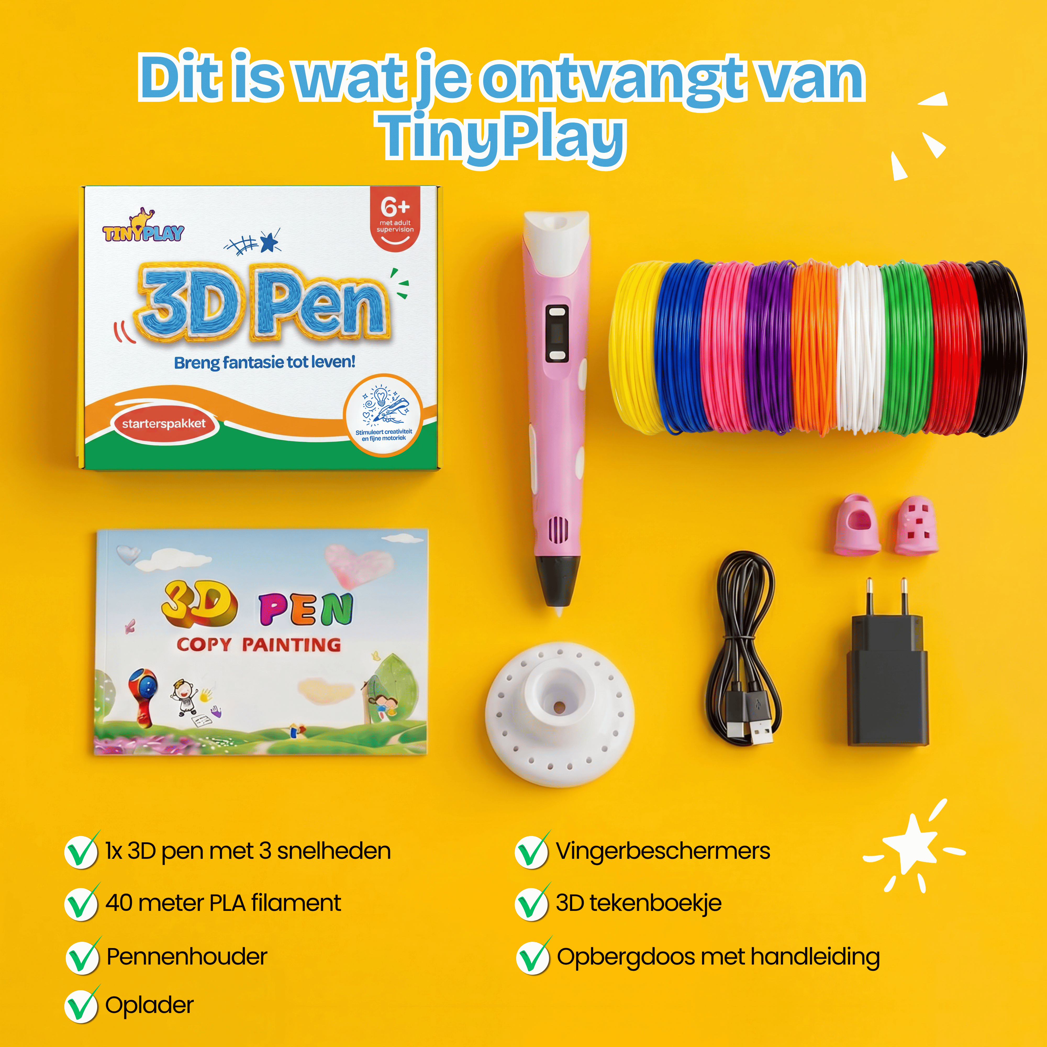 A pink 3D pen with filaments, charging cable, adapter, and accessories.