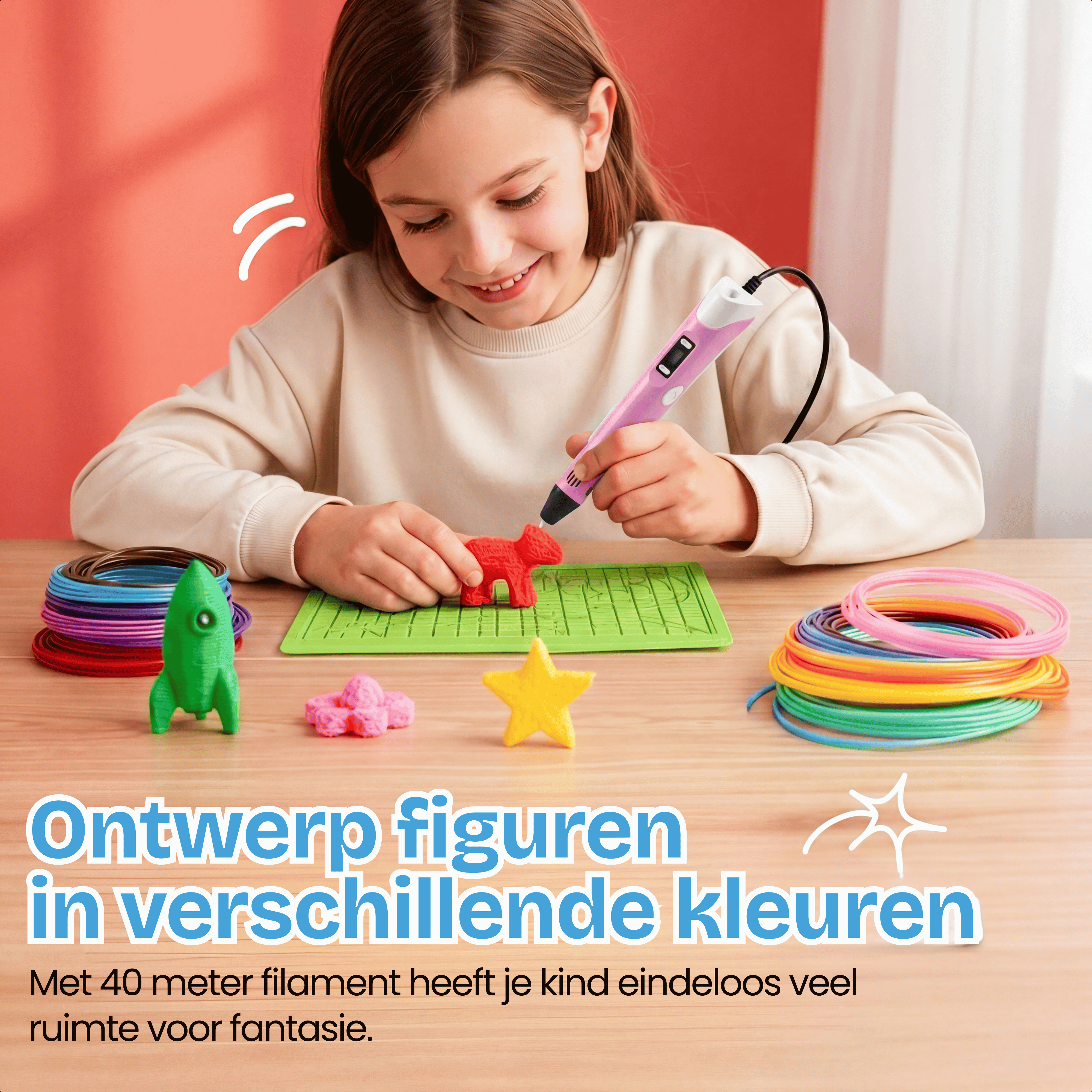 Girl uses 3D pen. Colorful filament, rocket, star, heart shapes.