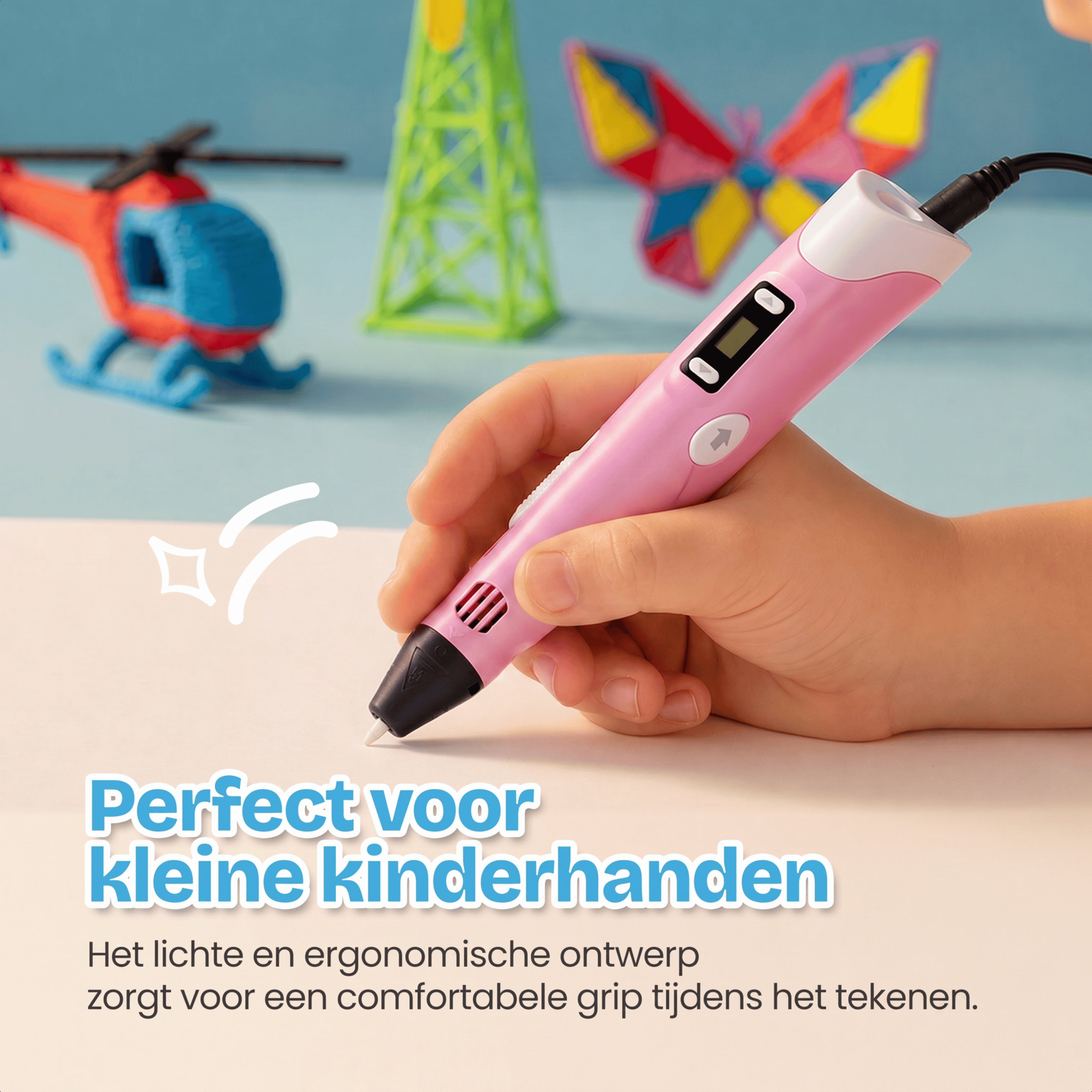 Een kind gebruikt een roze 3D-pen om te tekenen. Speelgoed op de achtergrond.