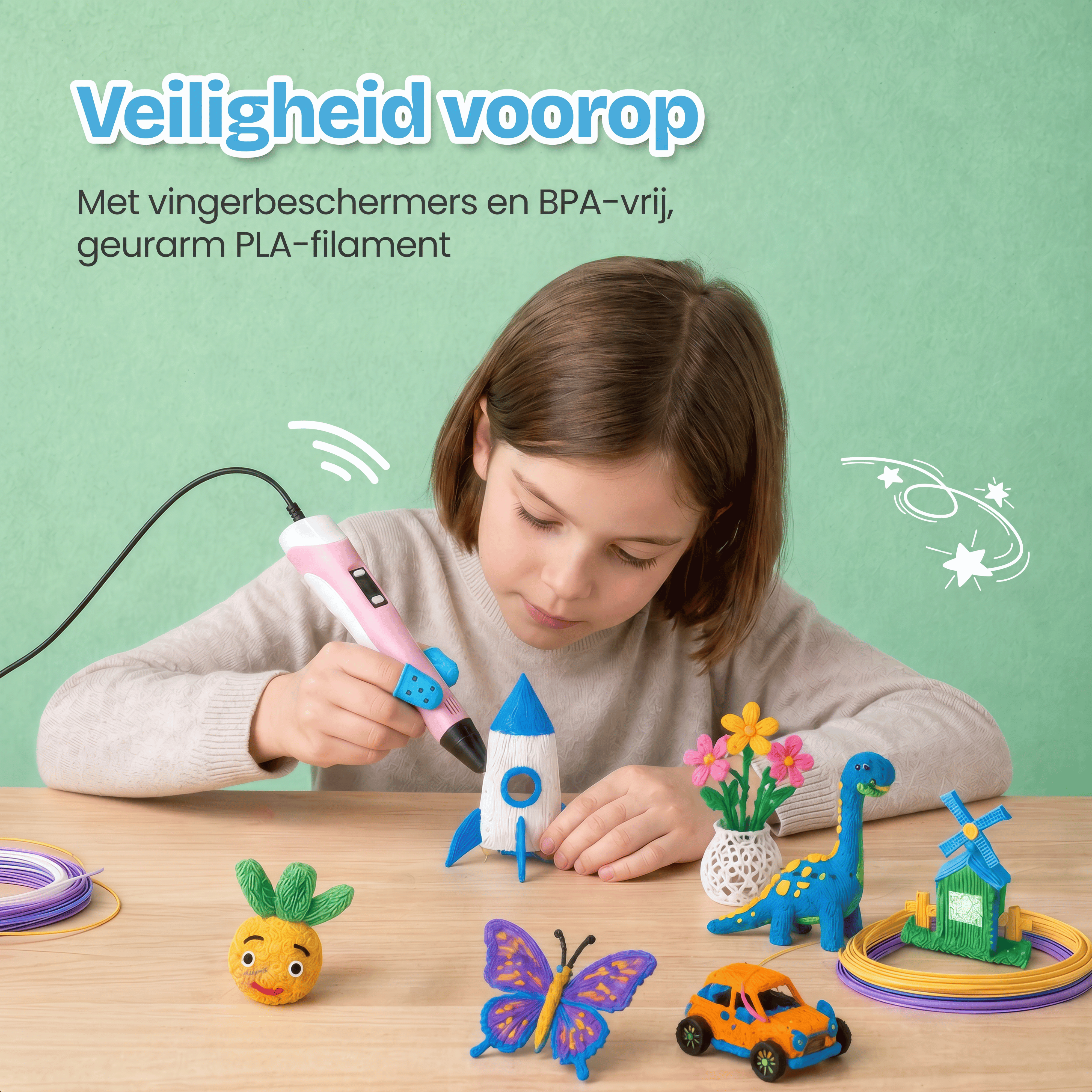 A girl uses a 3D pen to create a rocket model. Various 3D printed objects sit on the table.