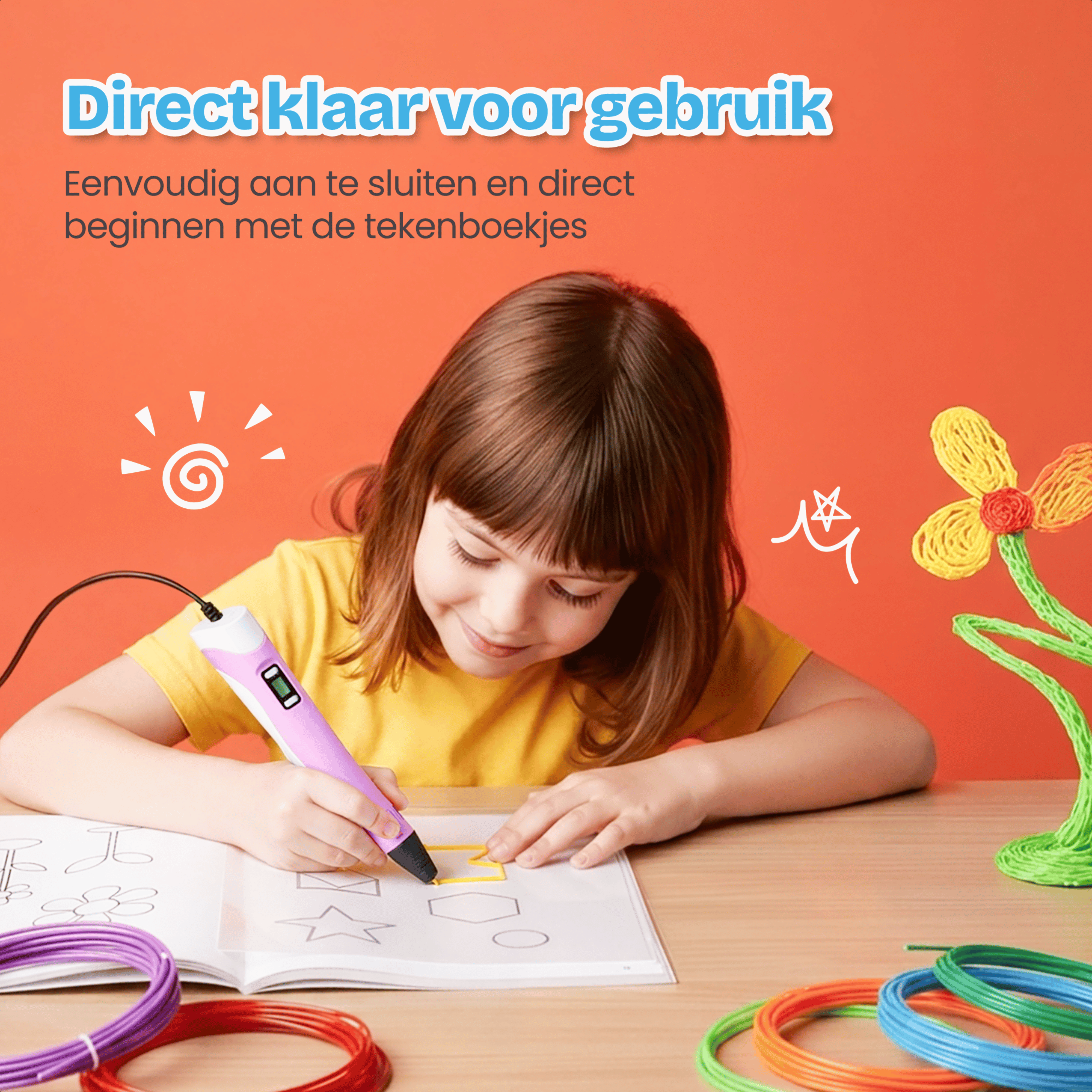 Een meisje tekent met een 3D-pen op een boek. Kleurrijke filamenten liggen ernaast.