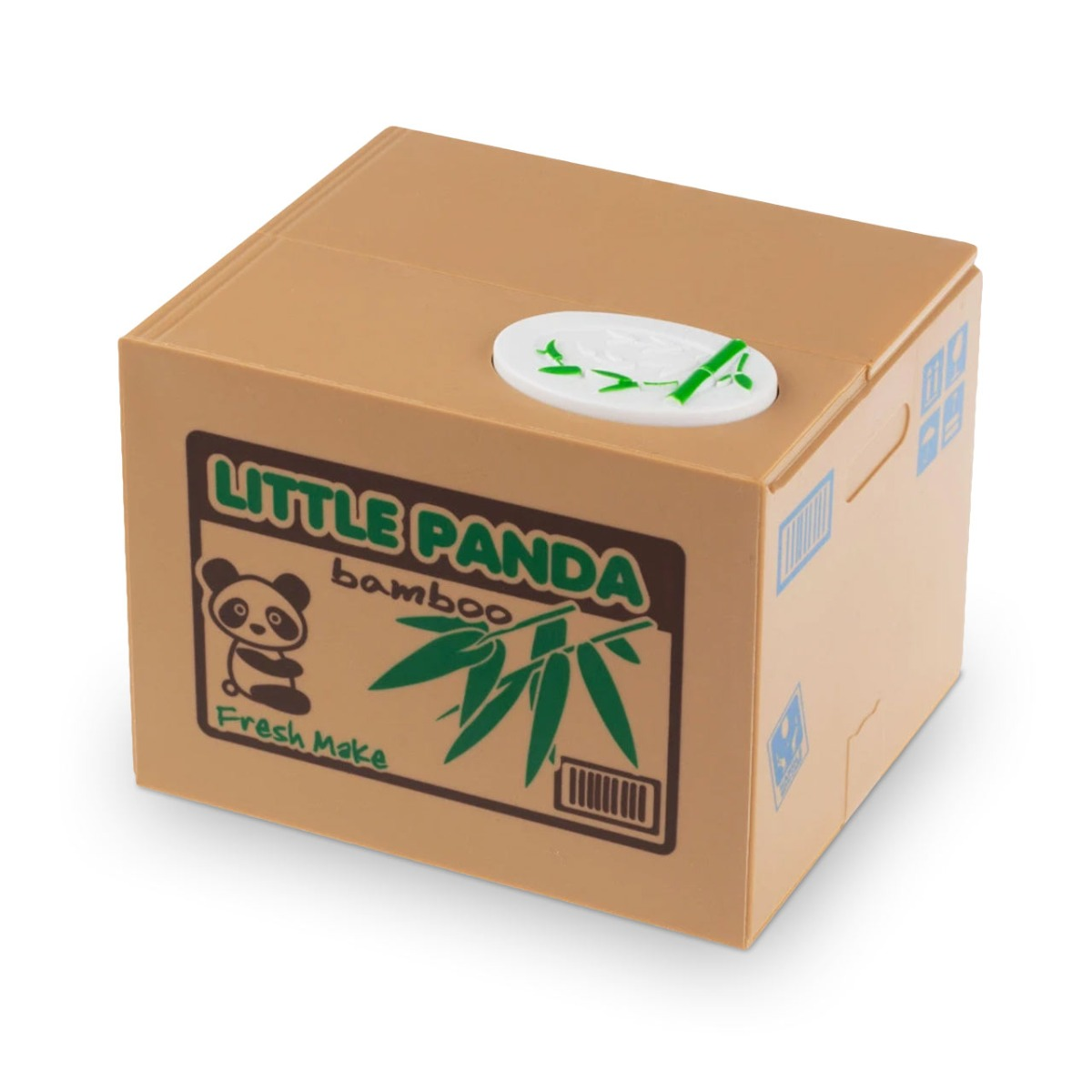 Bruine kartonnen spaarpot met panda- en bamboeprint.