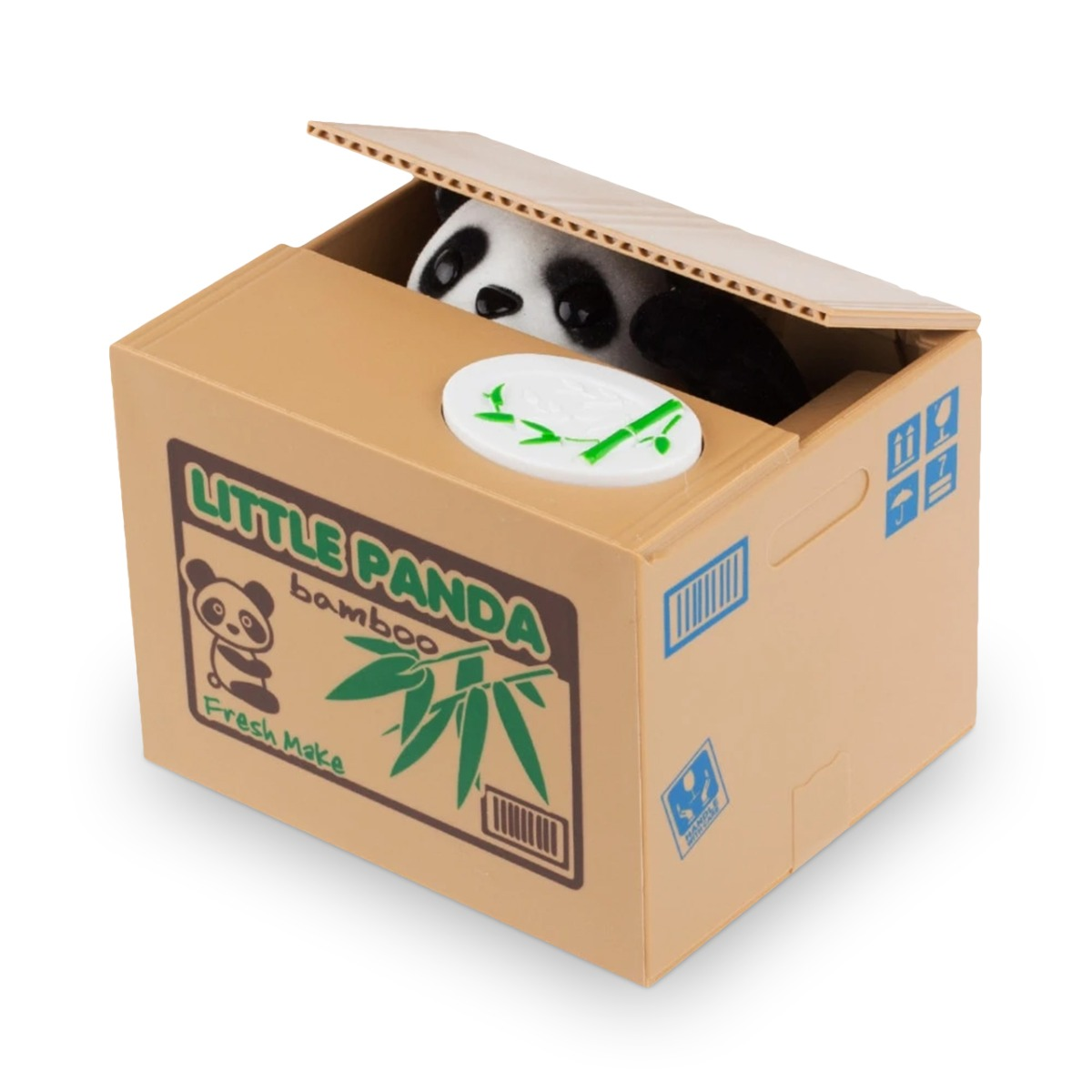 Een panda spaarpot piept uit een kartonnen doos met bamboe-etiket.