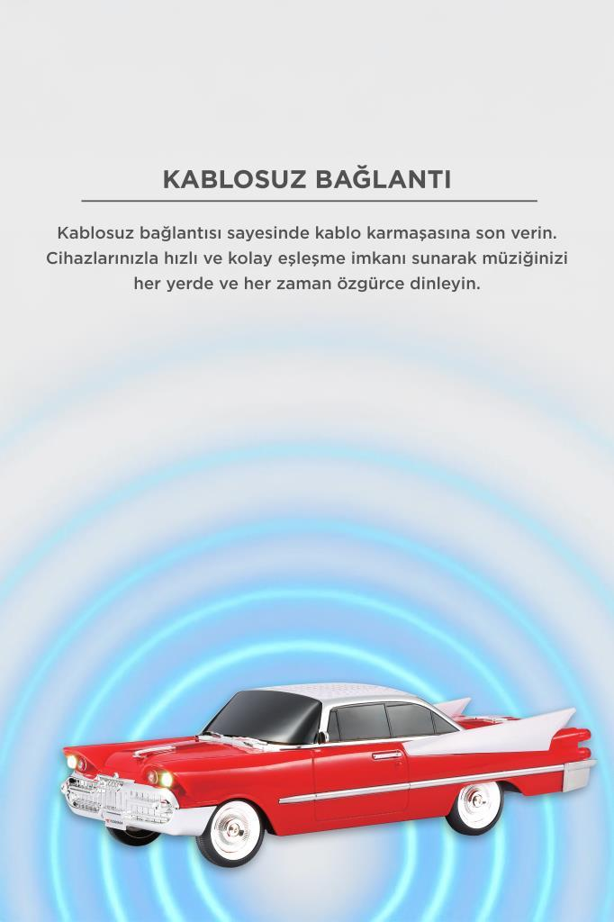 Kırmızı, beyaz tavanlı klasik araba, mavi halkalar önünde.