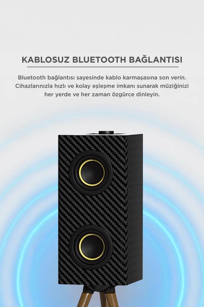 Ahşap bir tripod üzerinde iki sürücülü siyah Bluetooth hoparlör.