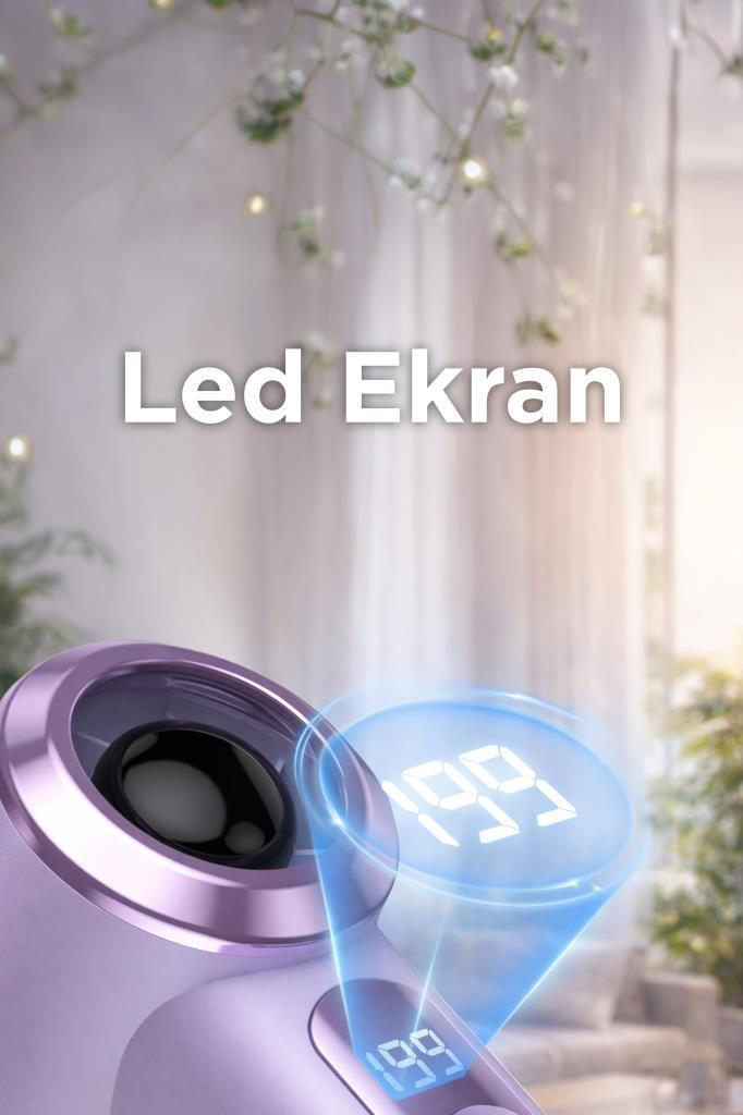 199 gösteren LED ekrana sahip mor cihaz.