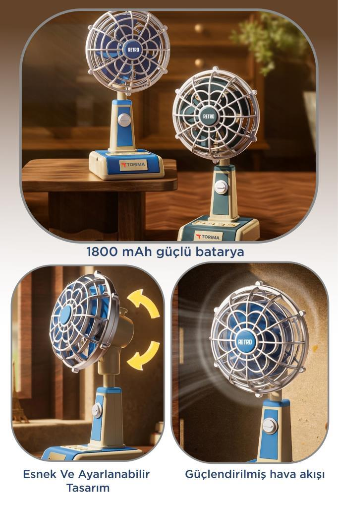 Mavi ve bej renkli iki retro vantilatör masada duruyor. Altta esnek ve ayarlanabilir tasarımlar.