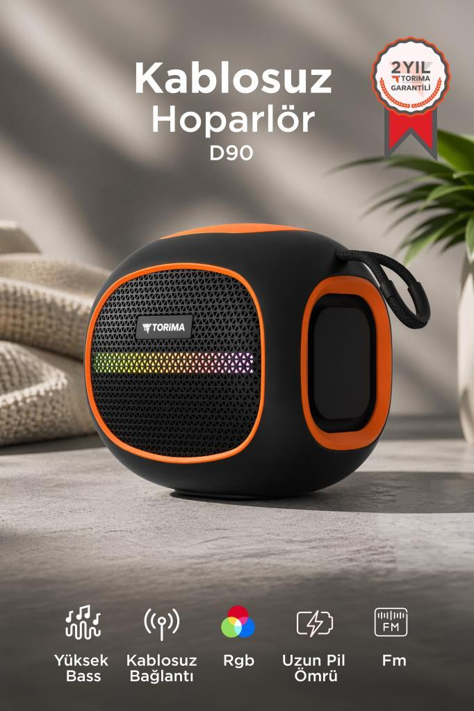 RGB ışıklı ve 2 yıl garantili siyah ve turuncu hoparlör.