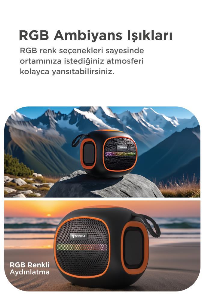 Siyah ve turuncu RGB aydınlatmalı hoparlör, kayada ve sahilde gösteriliyor.