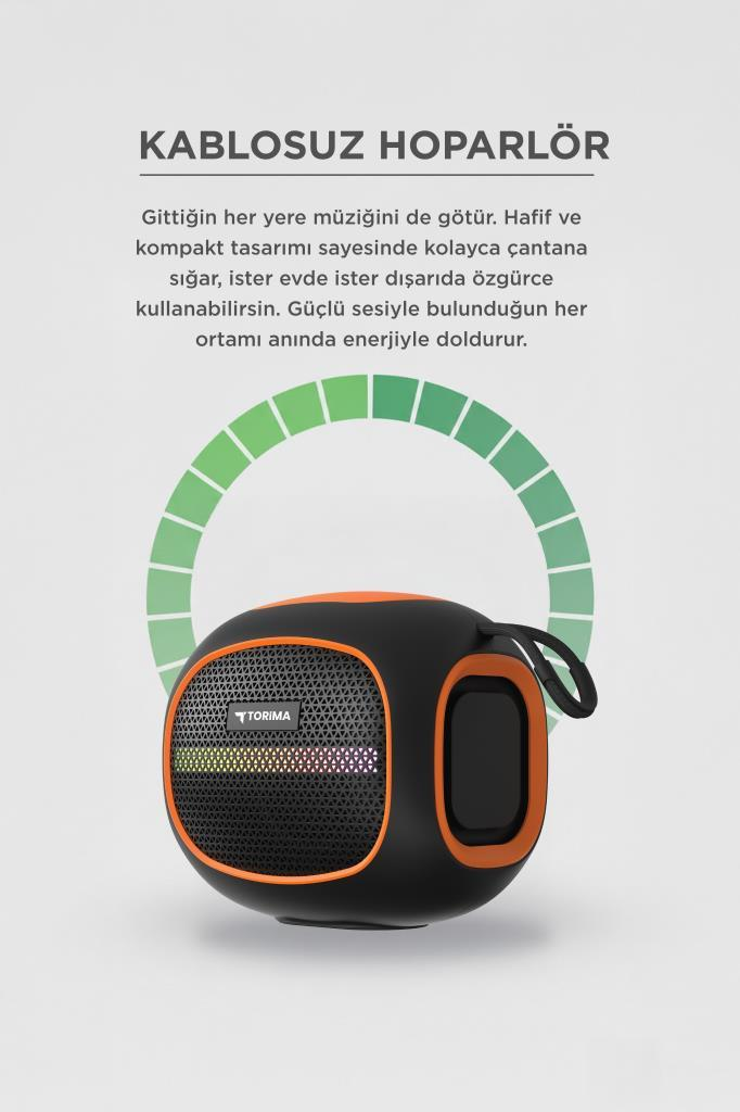 Torima logolu, ışık efektli siyah ve turuncu taşınabilir hoparlör.