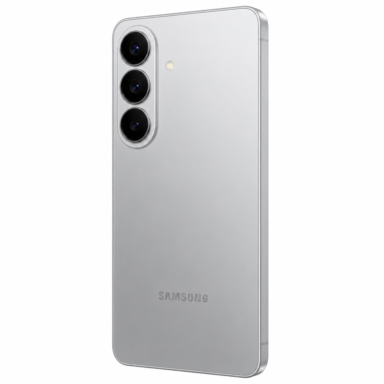 Tył srebrnego smartfona Samsung z trzema aparatami i lampą błyskową.