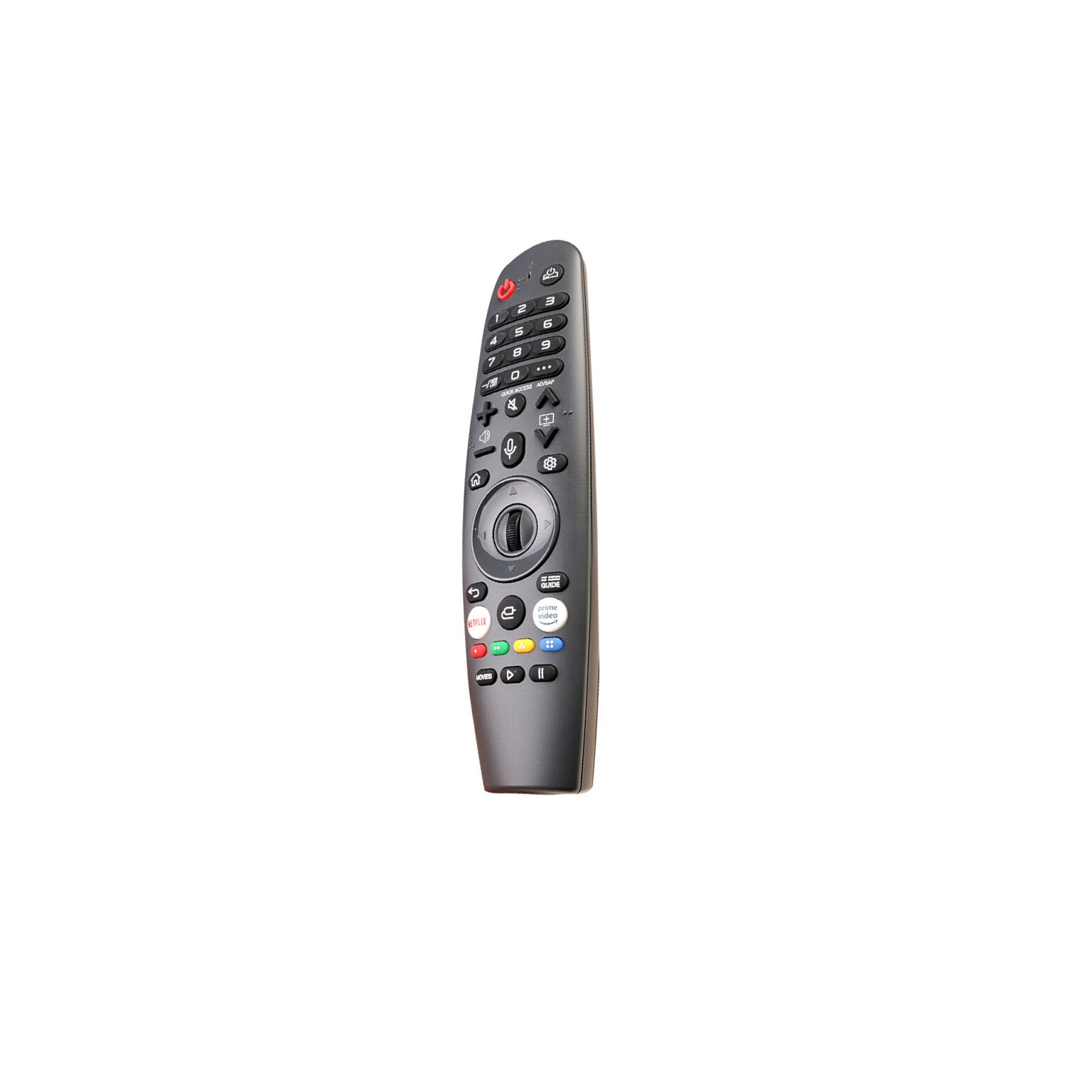 Un telecomando LG grigio con pulsanti numerati, icone Netflix e Prime Video.