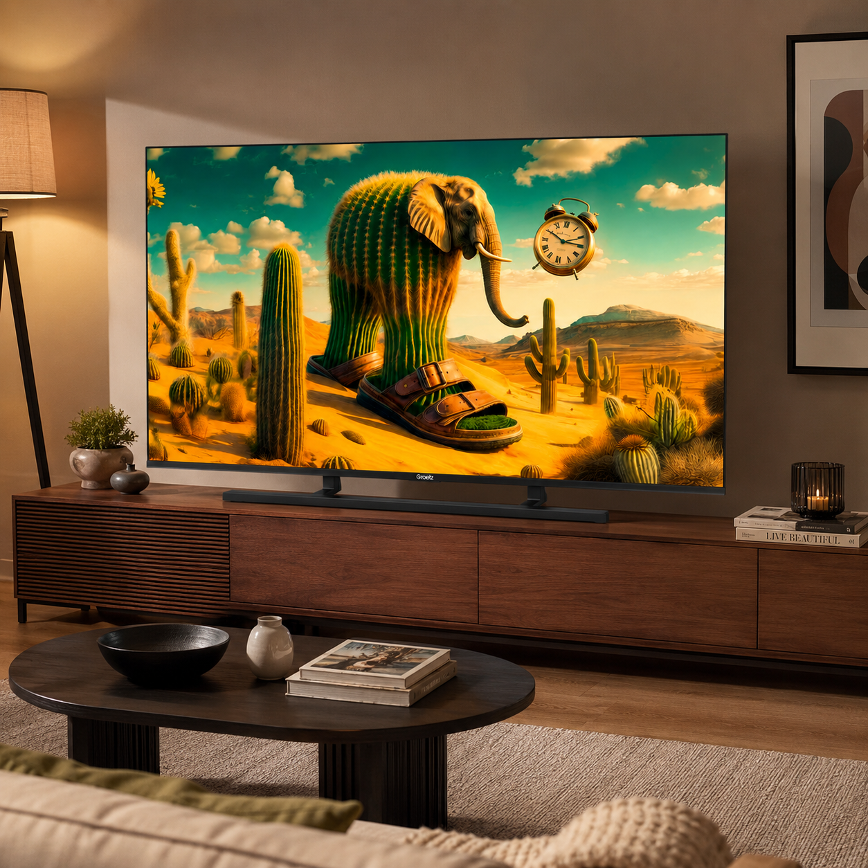 Un elefante con corpo di cactus in sandali si erge in un paesaggio desertico.