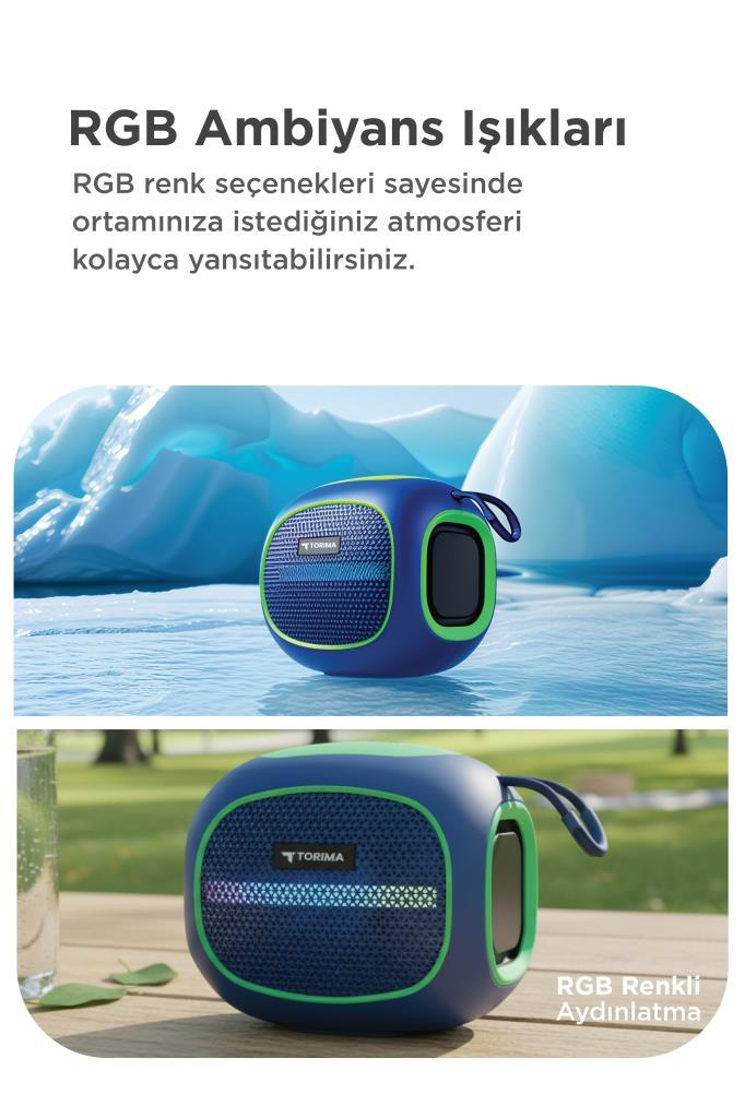 Mavi ve yeşil hoparlör, buz ve ahşap üzerinde RGB ışıklarıyla.