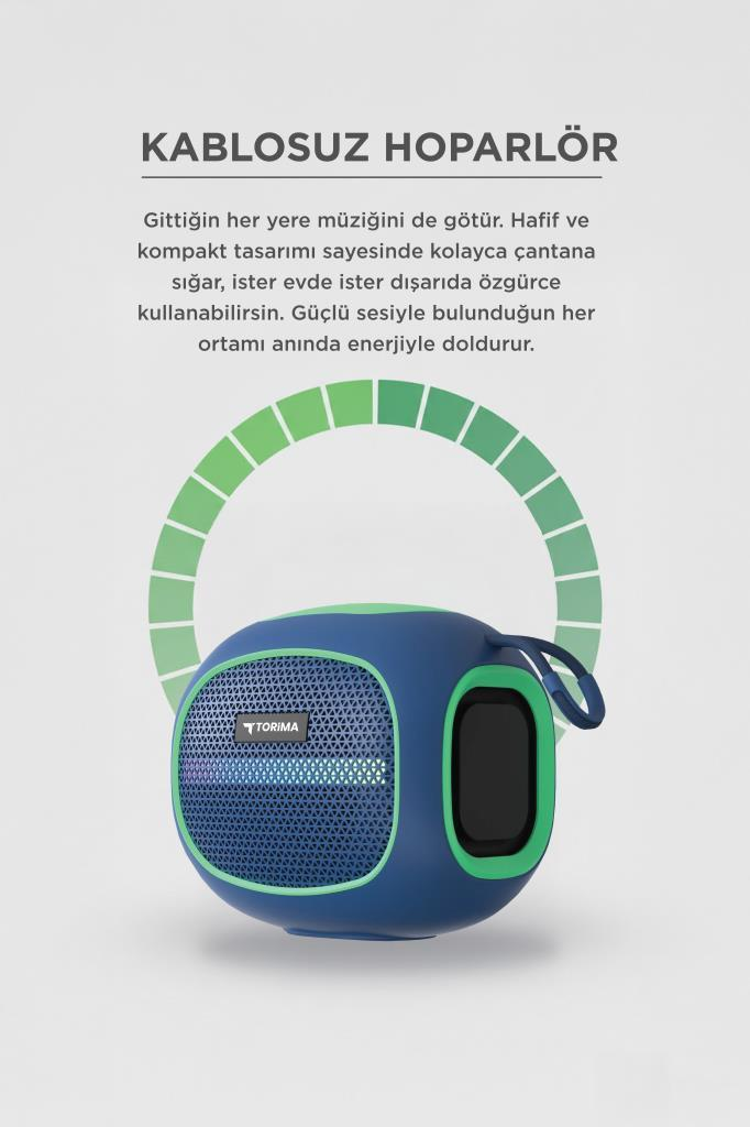 Torima logolu mavi ve yeşil kablosuz hoparlör.
